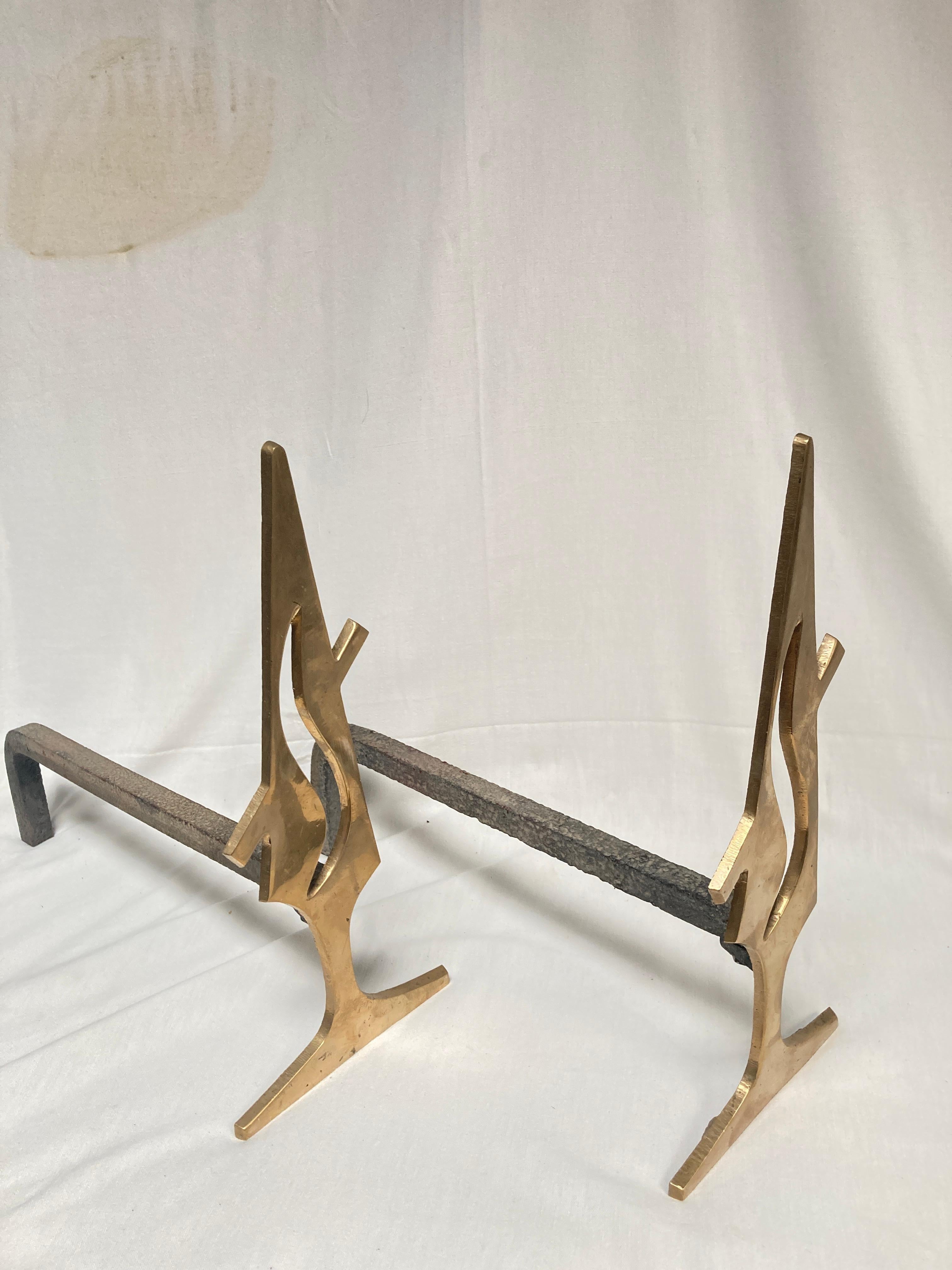 French Pair of 1950's bronze andirons For Sale