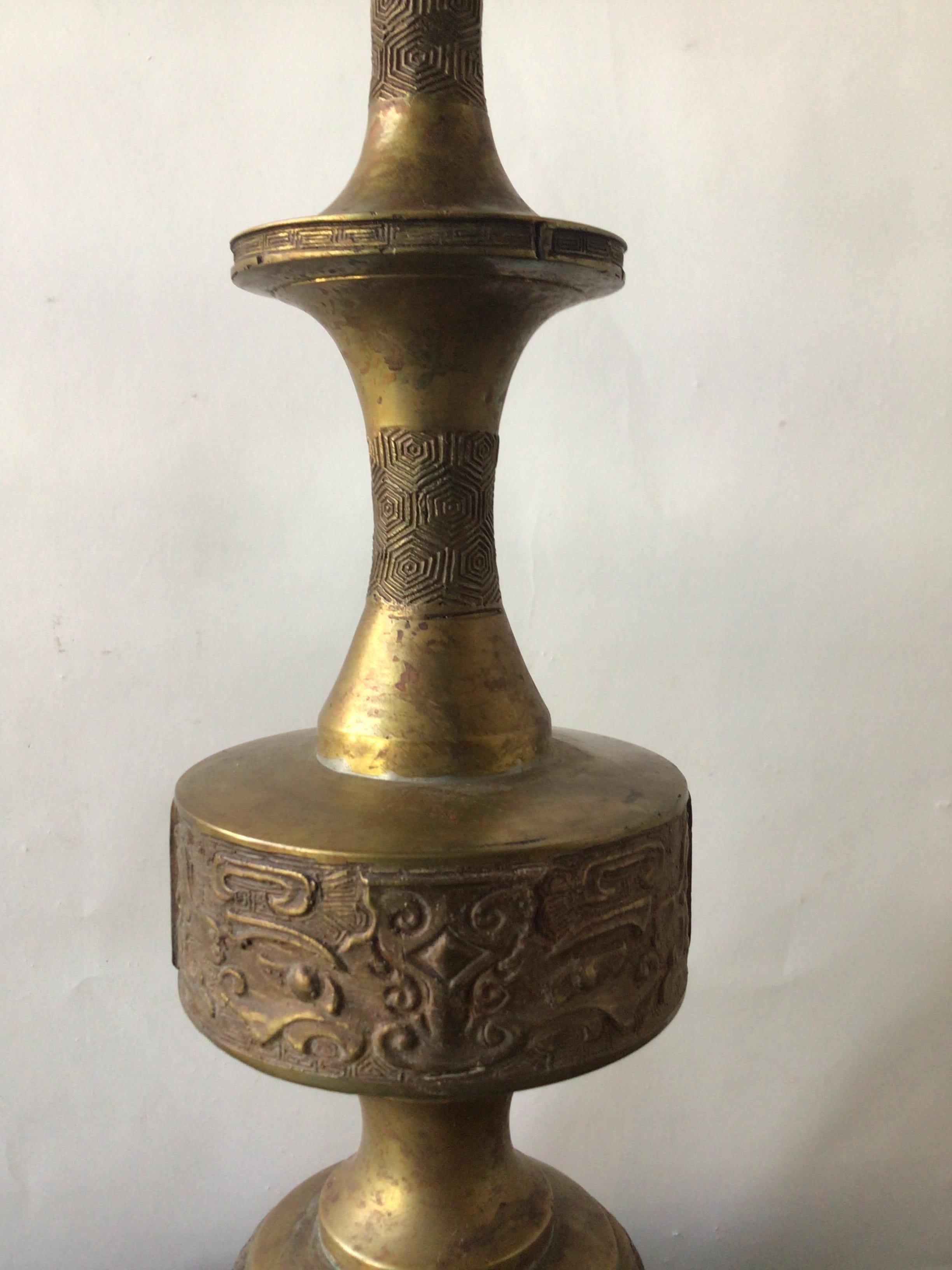 Pair of 1950s Bronze Asian James Mount Style Lamps For Sale 2