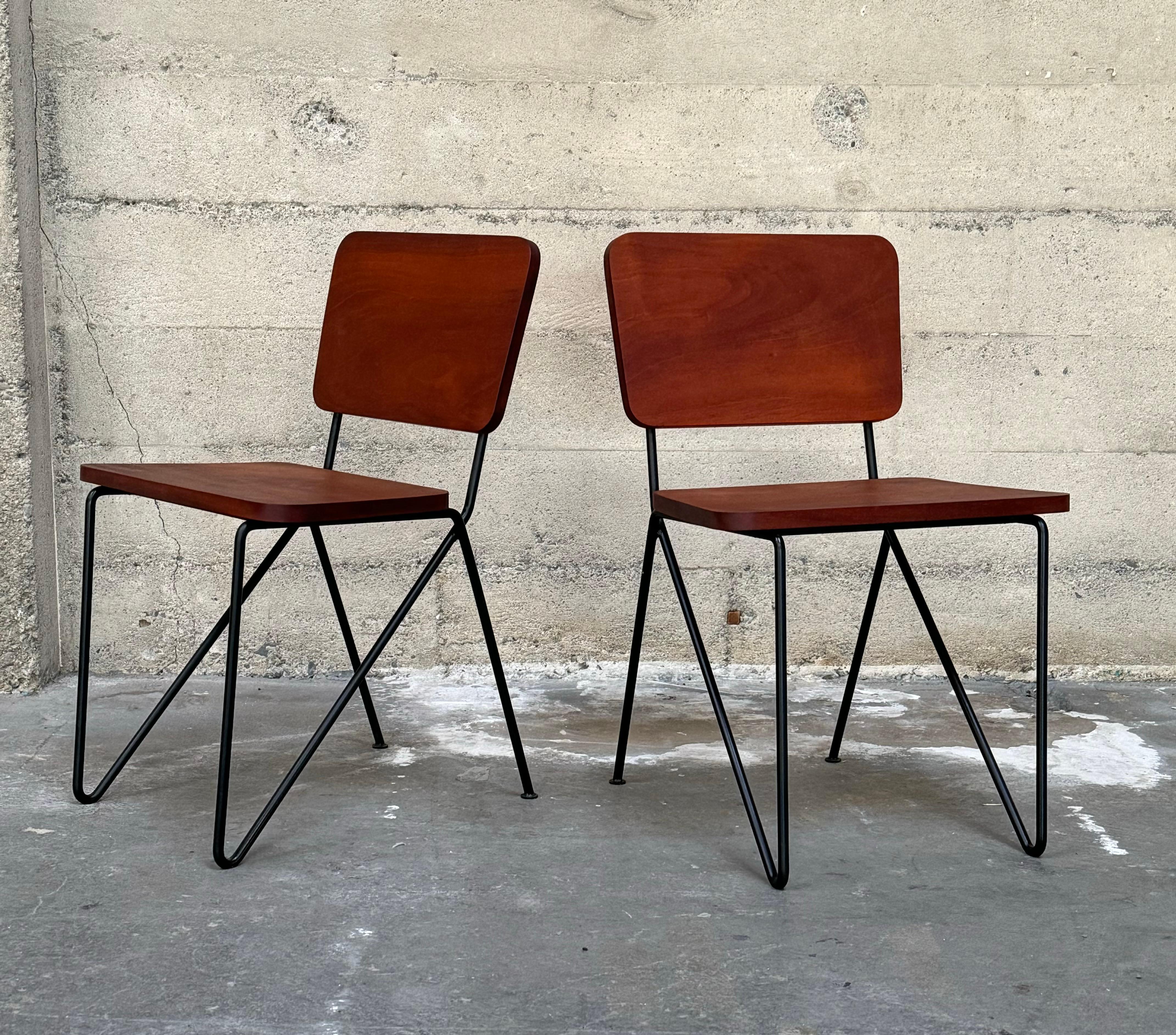 Mid-Century Modern Pair of 1950s California Design Iron and Tropical Hardwood Side Chairs For Sale