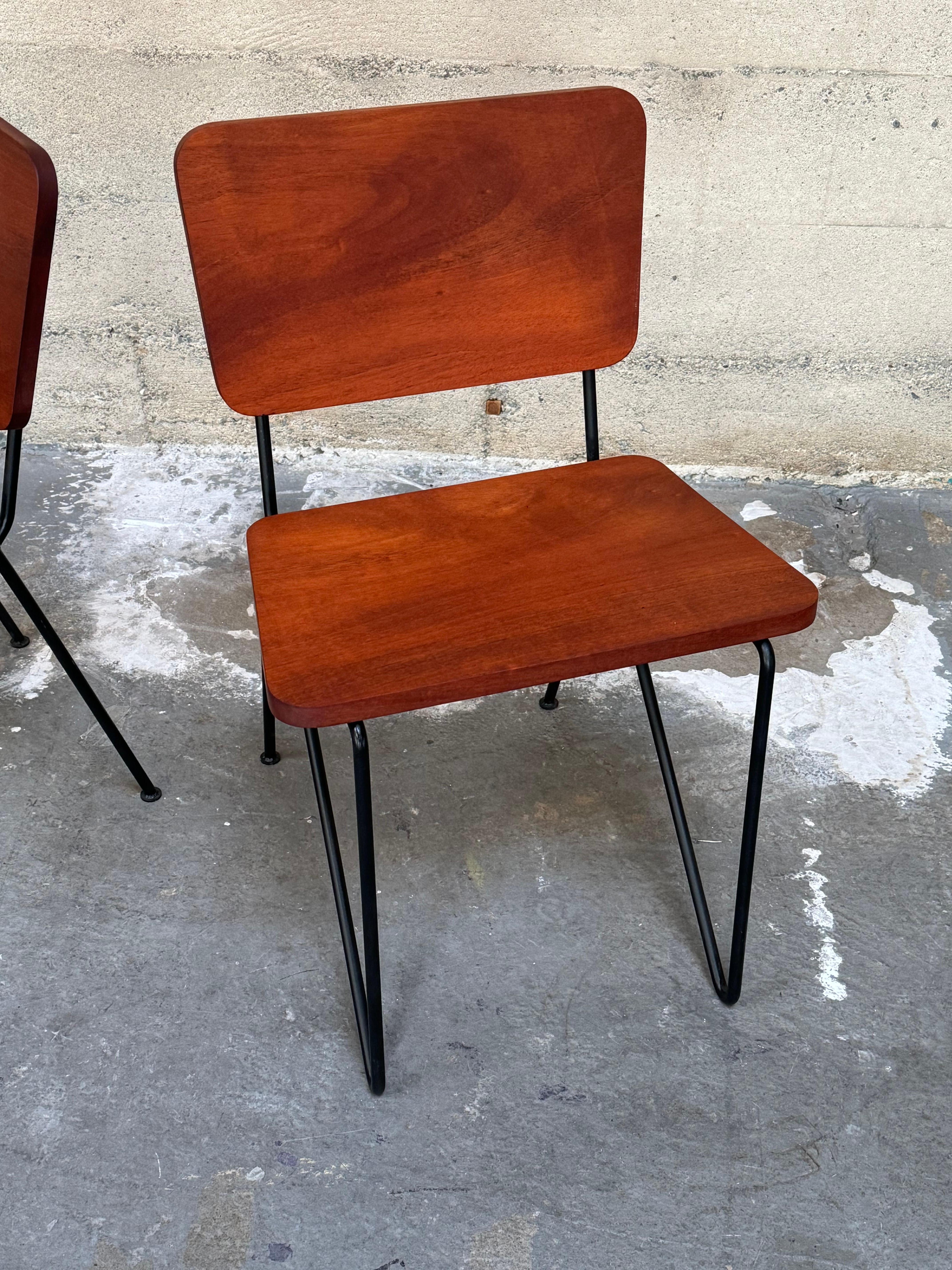 Hand-Crafted Pair of 1950s California Design Iron and Tropical Hardwood Side Chairs For Sale