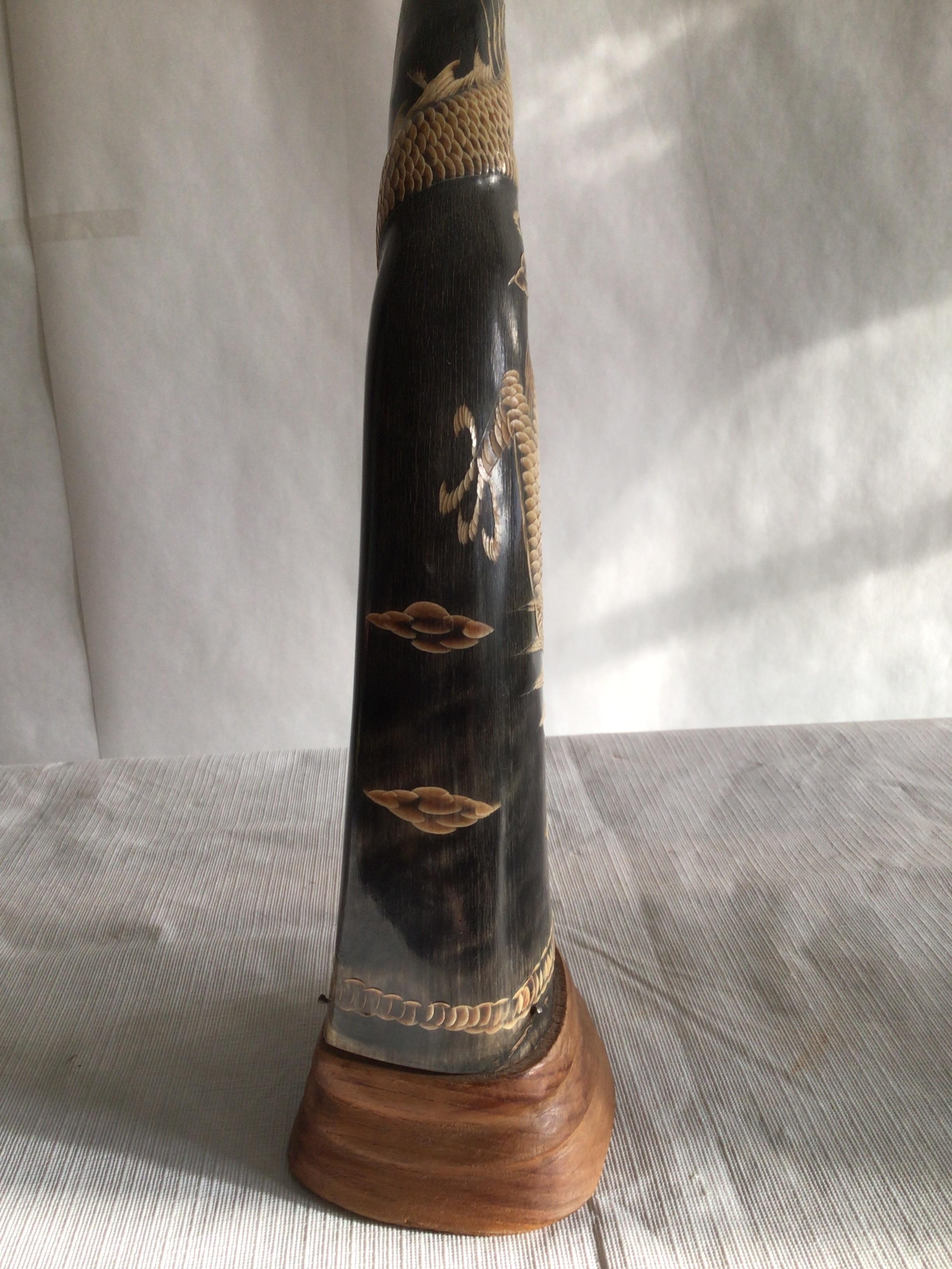 Mid-20th Century Pair of 1950s Carved Horns with Dragon Motif on Wood Base For Sale