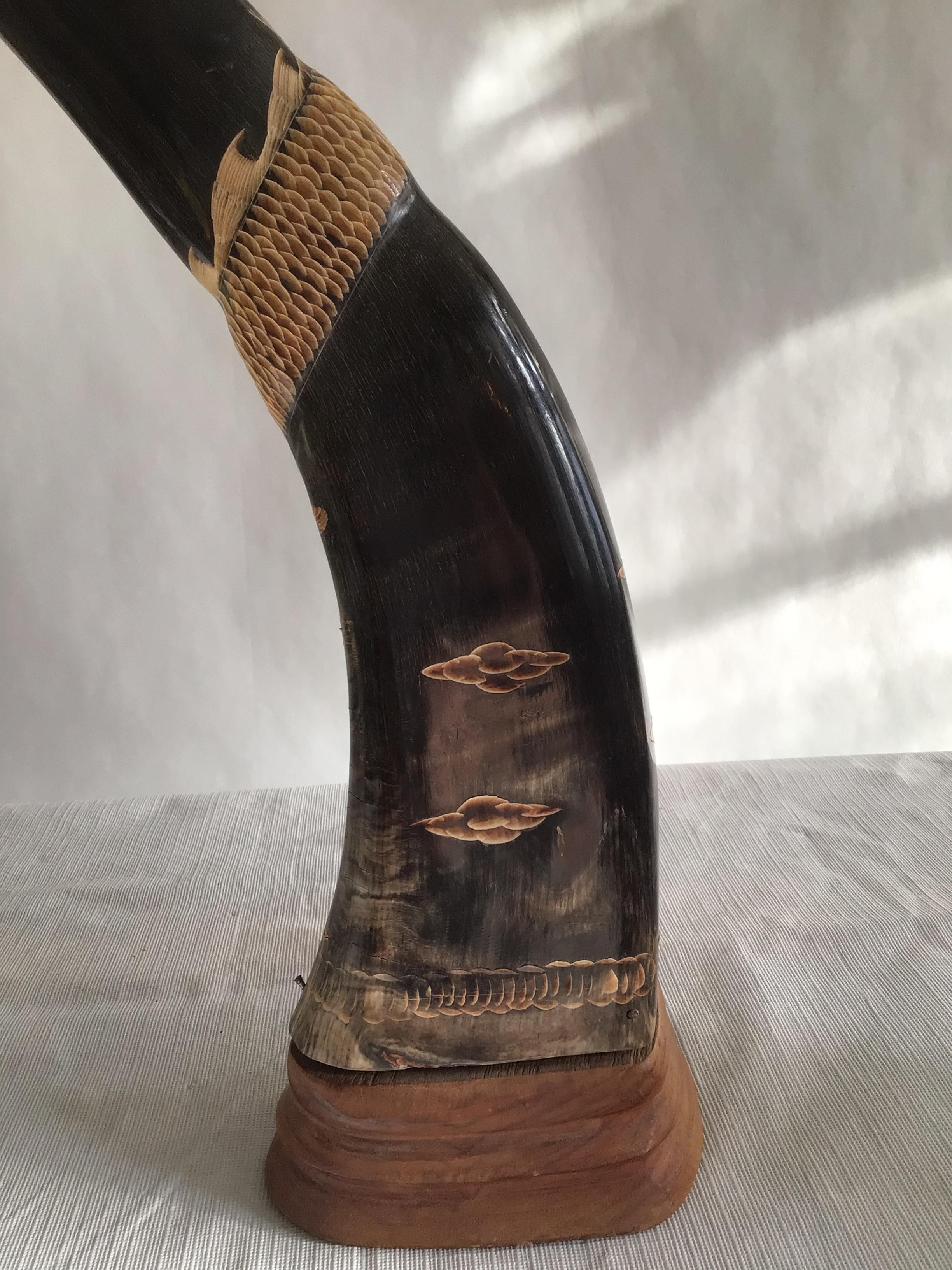 Mid-20th Century Pair of 1950s Carved Horns with Dragon Motif on Wood Base For Sale