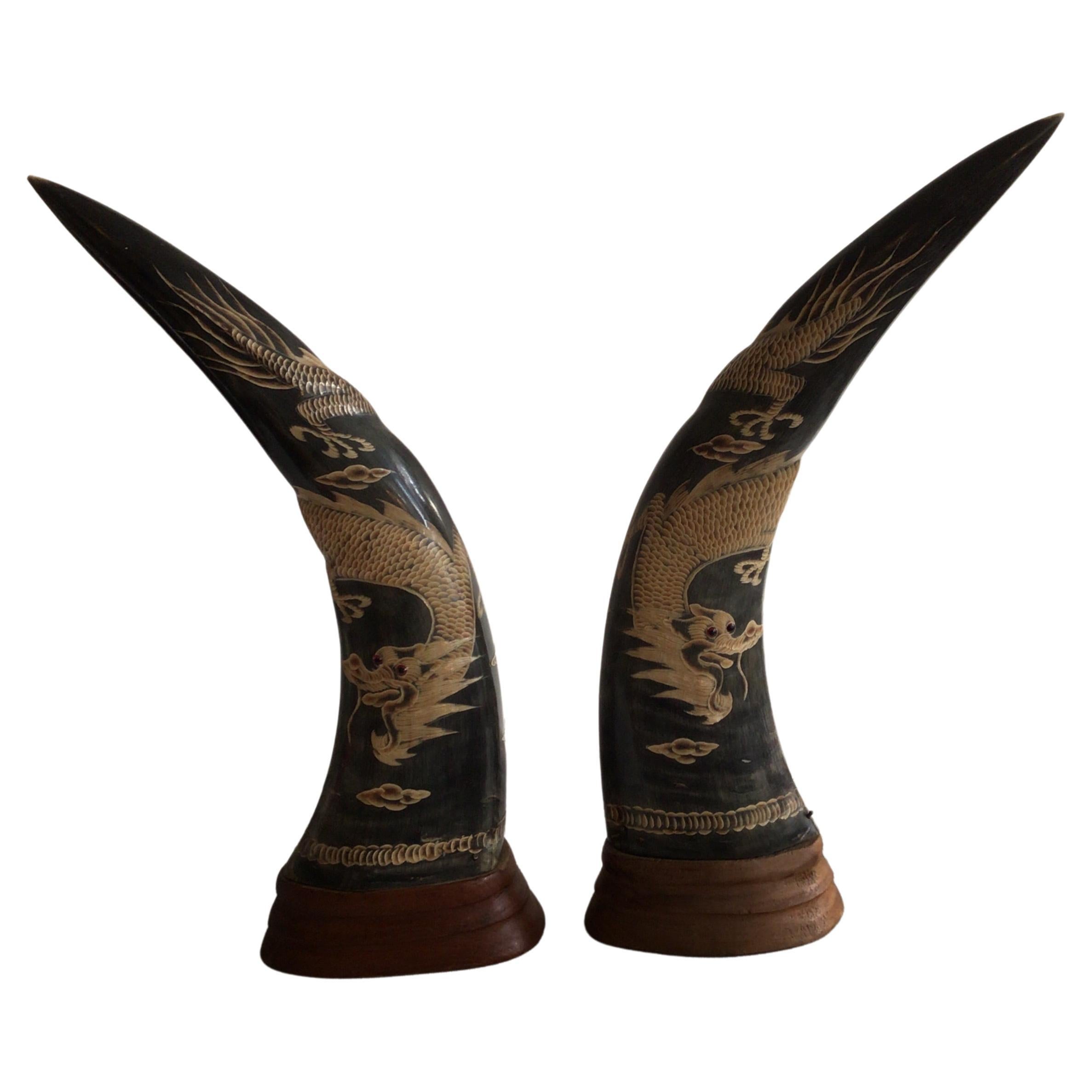 Pair of 1950s Carved Horns with Dragon Motif on Wood Base