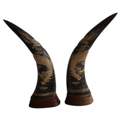 Pair of 1950s Carved Horns with Dragon Motif on Wood Base