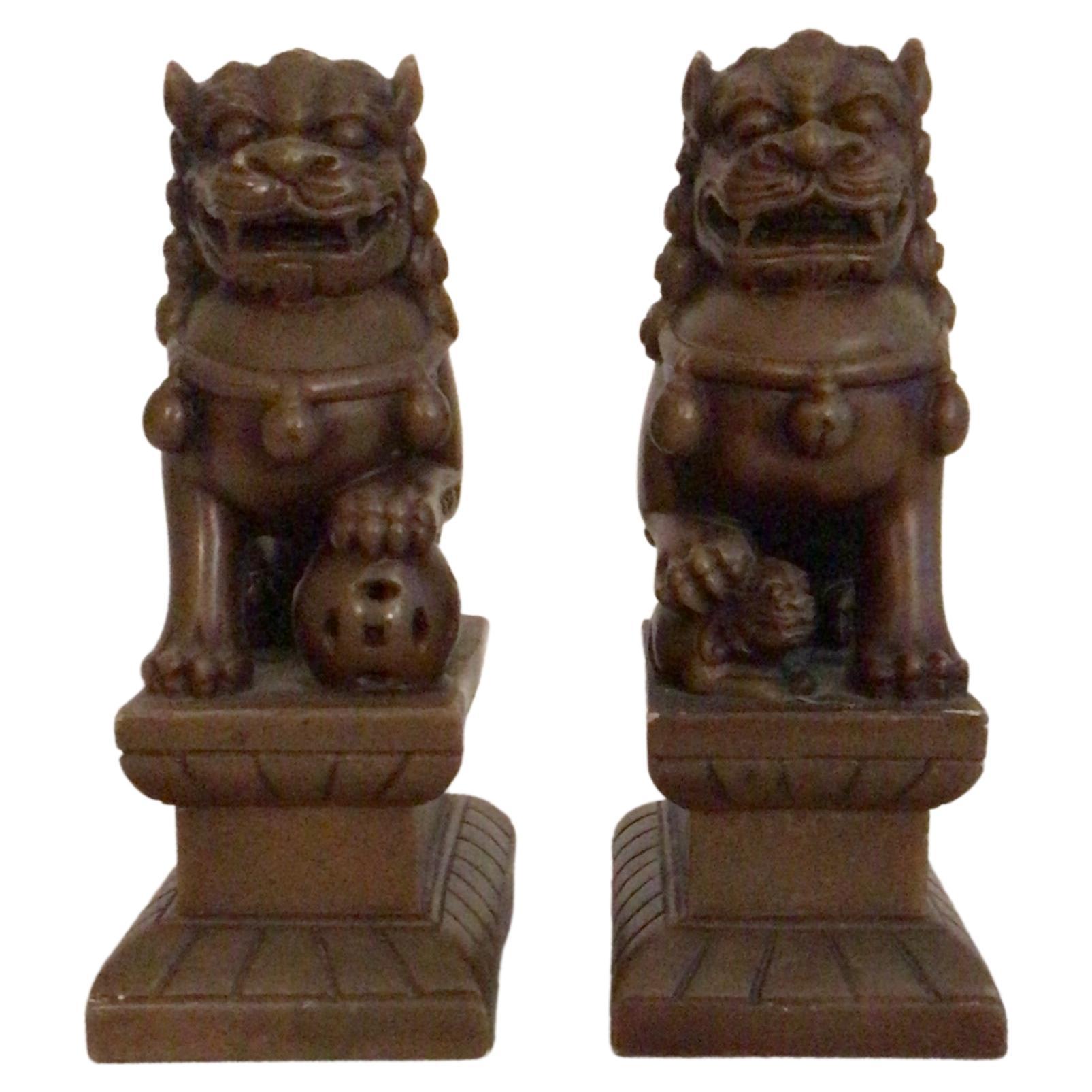 Pair of 1950s Carved Soapstone Foo Dogs For Sale
