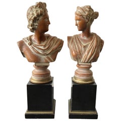 Pair of 1950s Carved Wood Classical Bust Lamps