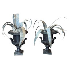 Pair of 1950s Cast Iron Urns With Tôle Palms