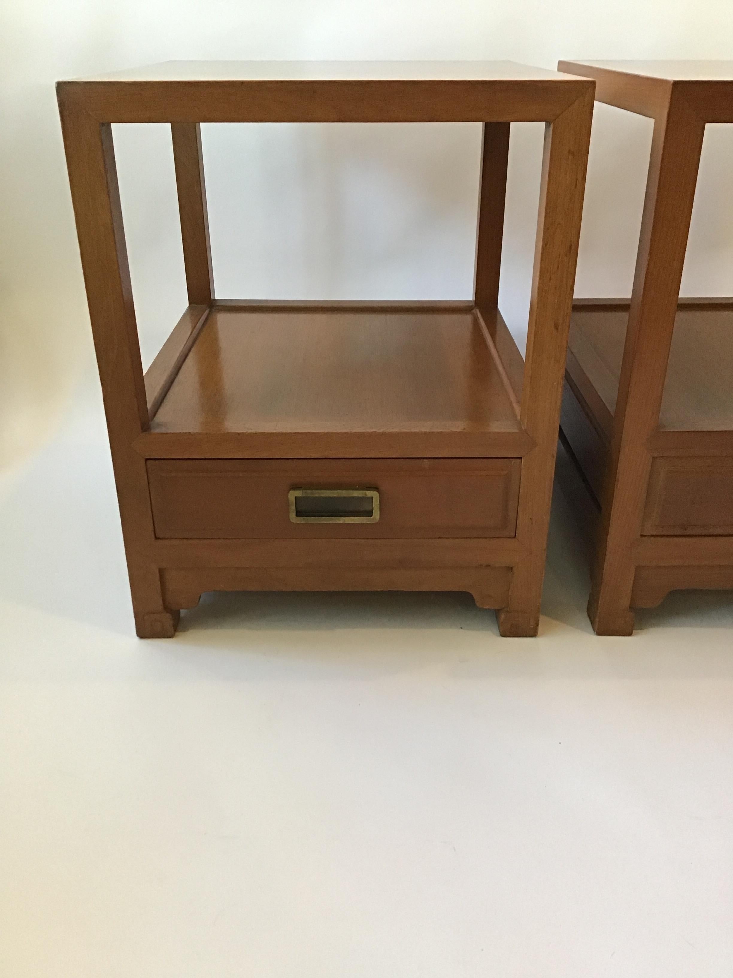 Pair of 1950s Cathay Arts geometric end tables. Brass hardware, Greek key foot. Solid wood.