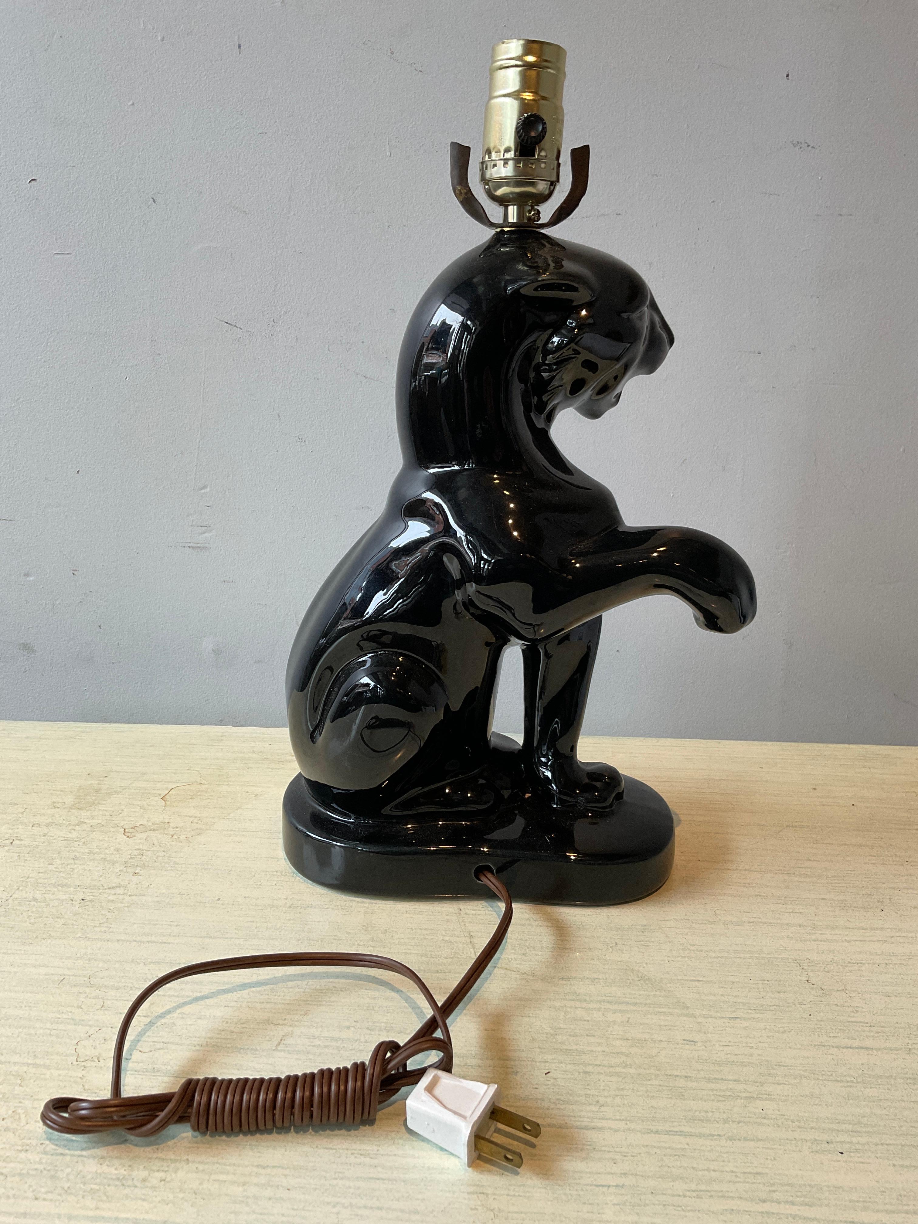 Pair Of 1950s Ceramic Black Panther Lamps In Good Condition For Sale In Tarrytown, NY