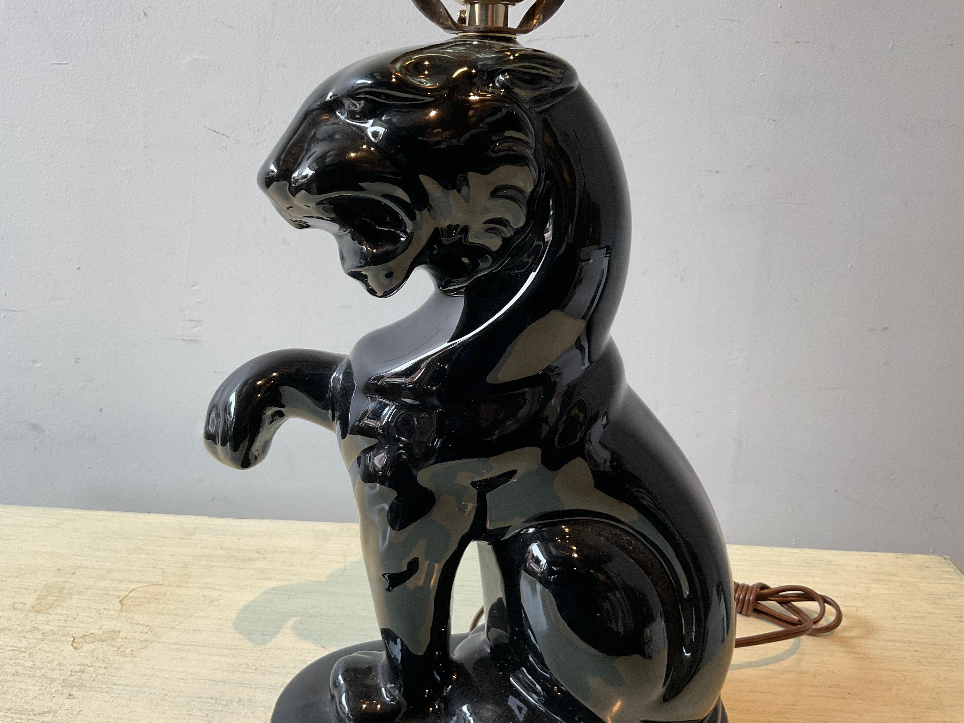 Pair Of 1950s Ceramic Black Panther Lamps For Sale 1