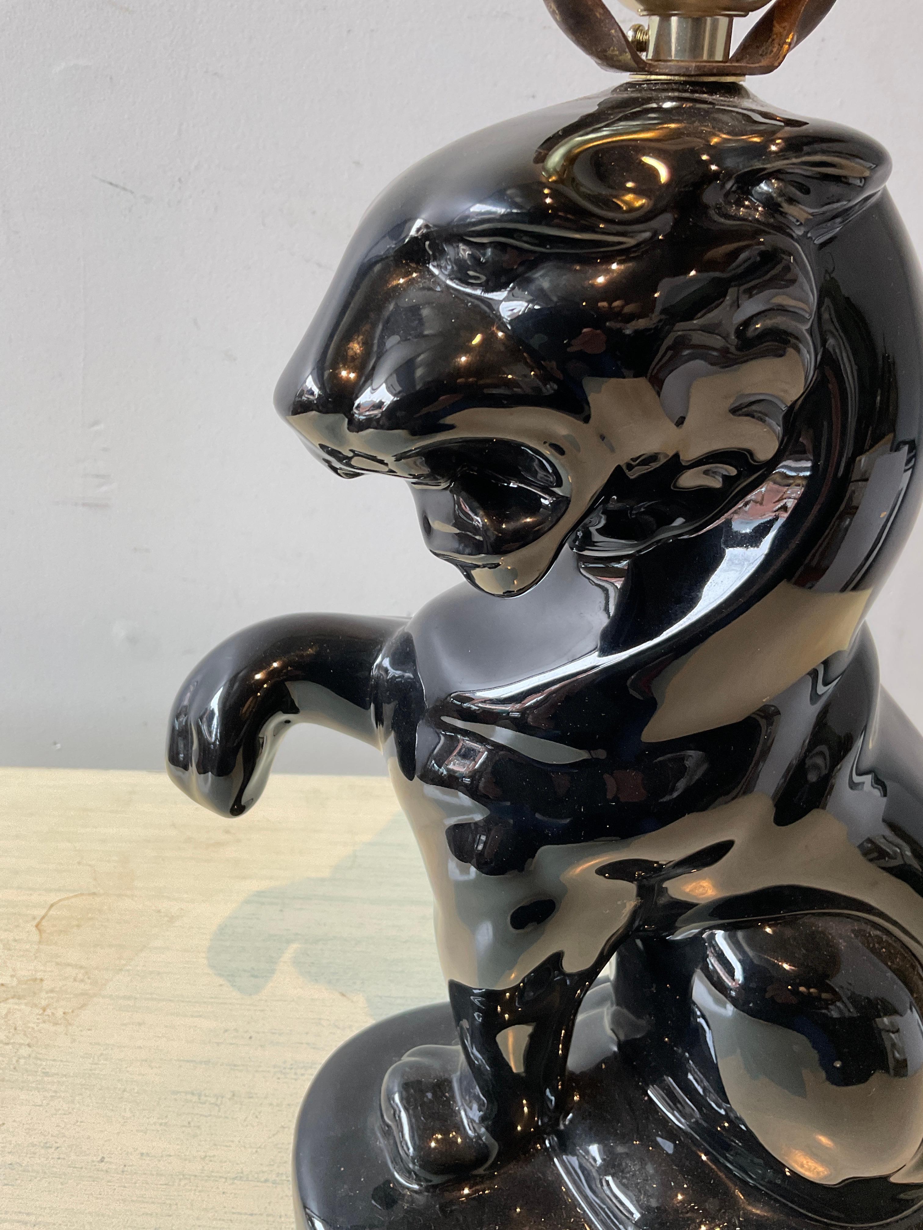 Pair Of 1950s Ceramic Black Panther Lamps For Sale 2