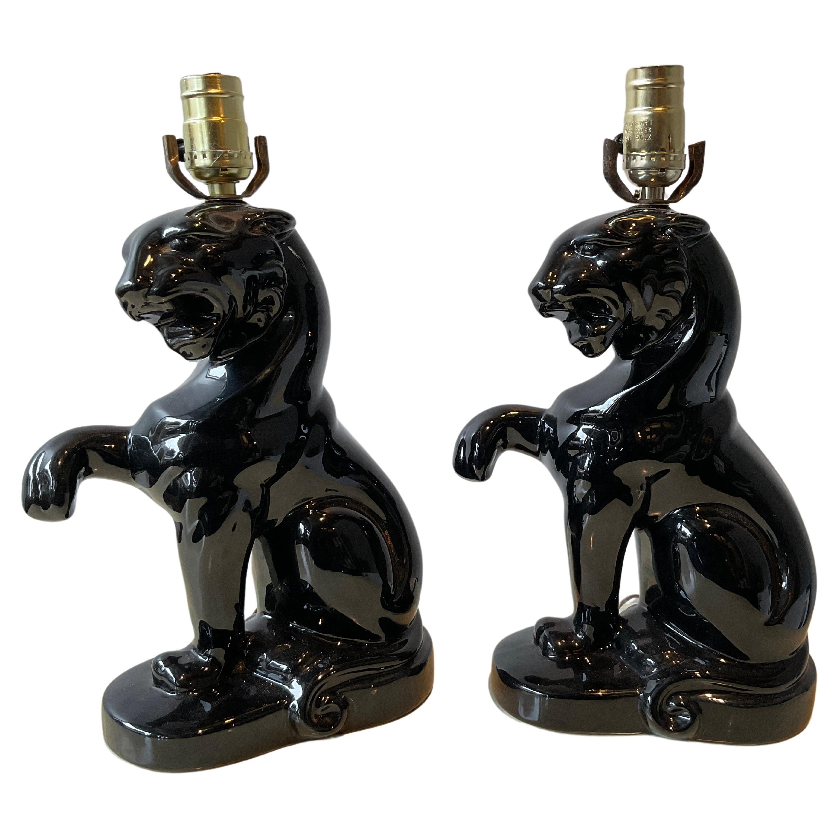 Pair Of 1950s Ceramic Black Panther Lamps For Sale