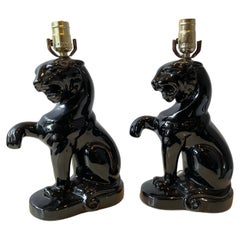 Pair Of 1950s Ceramic Black Panther Lamps