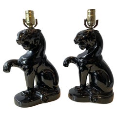 Vintage Pair Of 1950s Ceramic Black Panther Lamps