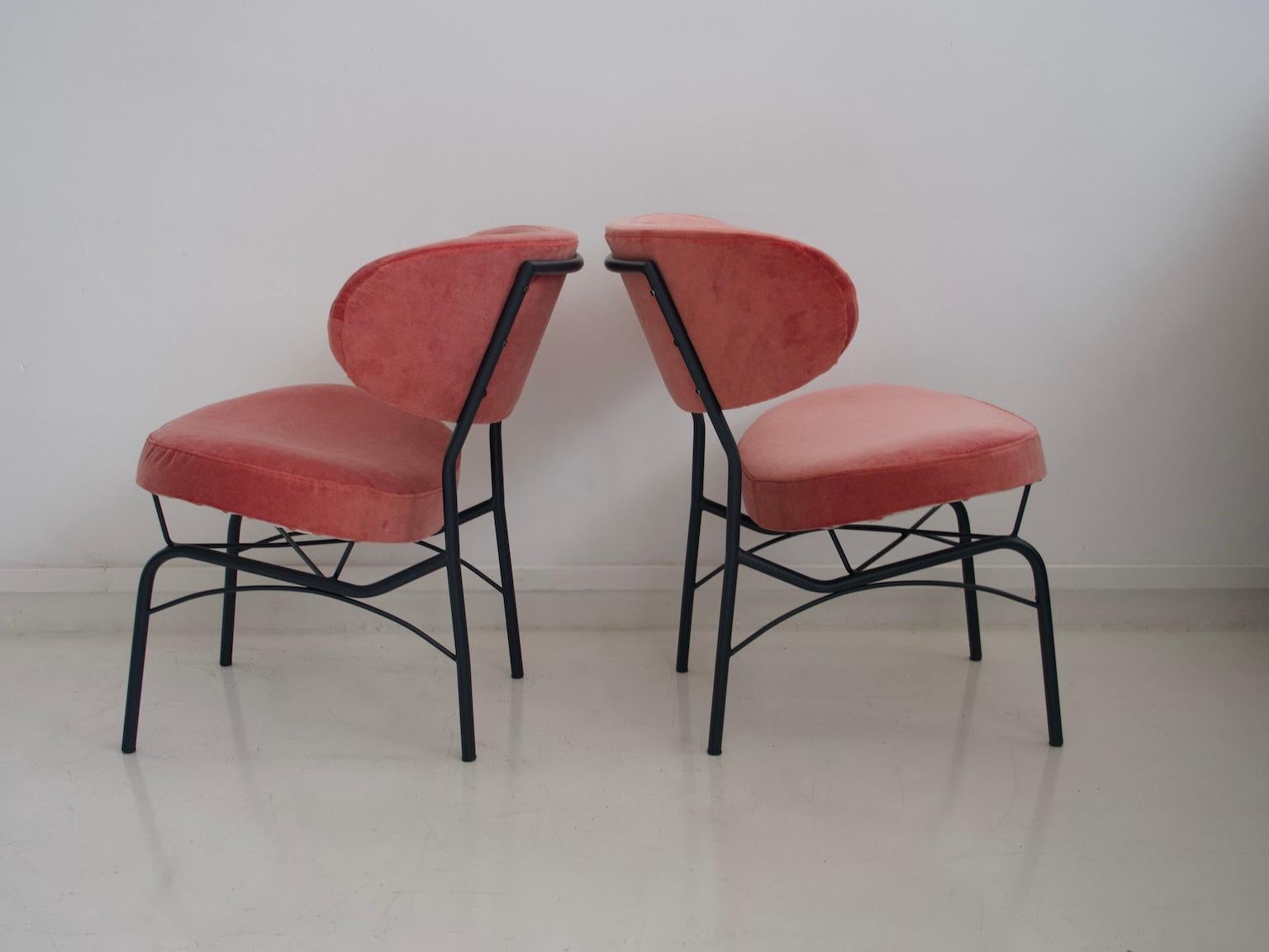 Pair of 1950s Chairs with Pink Velvet Upholstery and Metal Feet 1