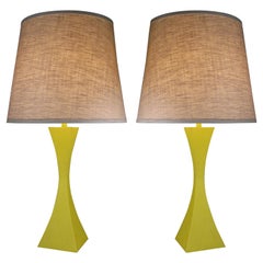 Pair of 1950s Chartreuse Square Hourglass Lamps by Laurel