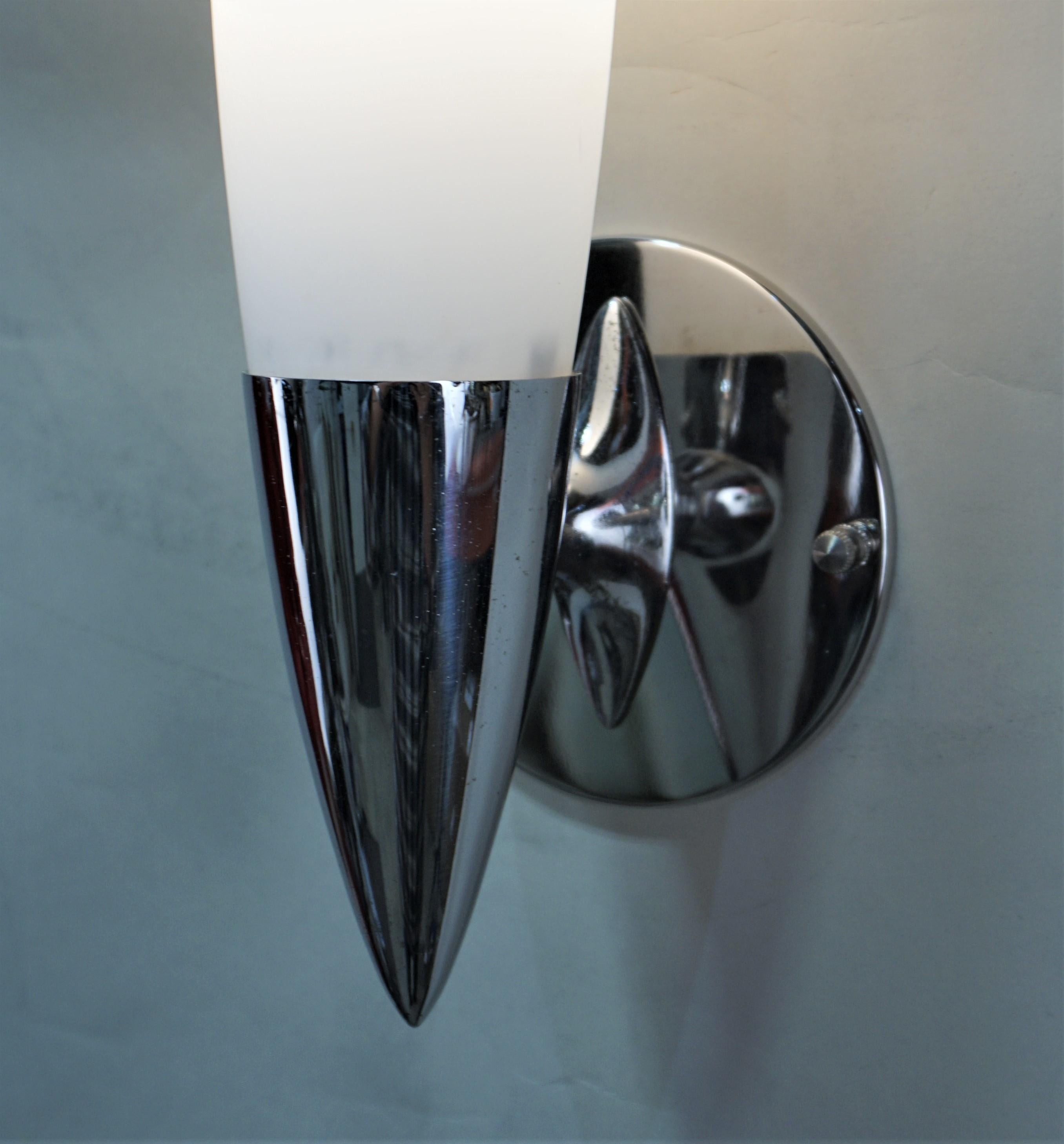 Opaline Glass Pair of 1950s Chrome and Opal Glass Wall Sconces