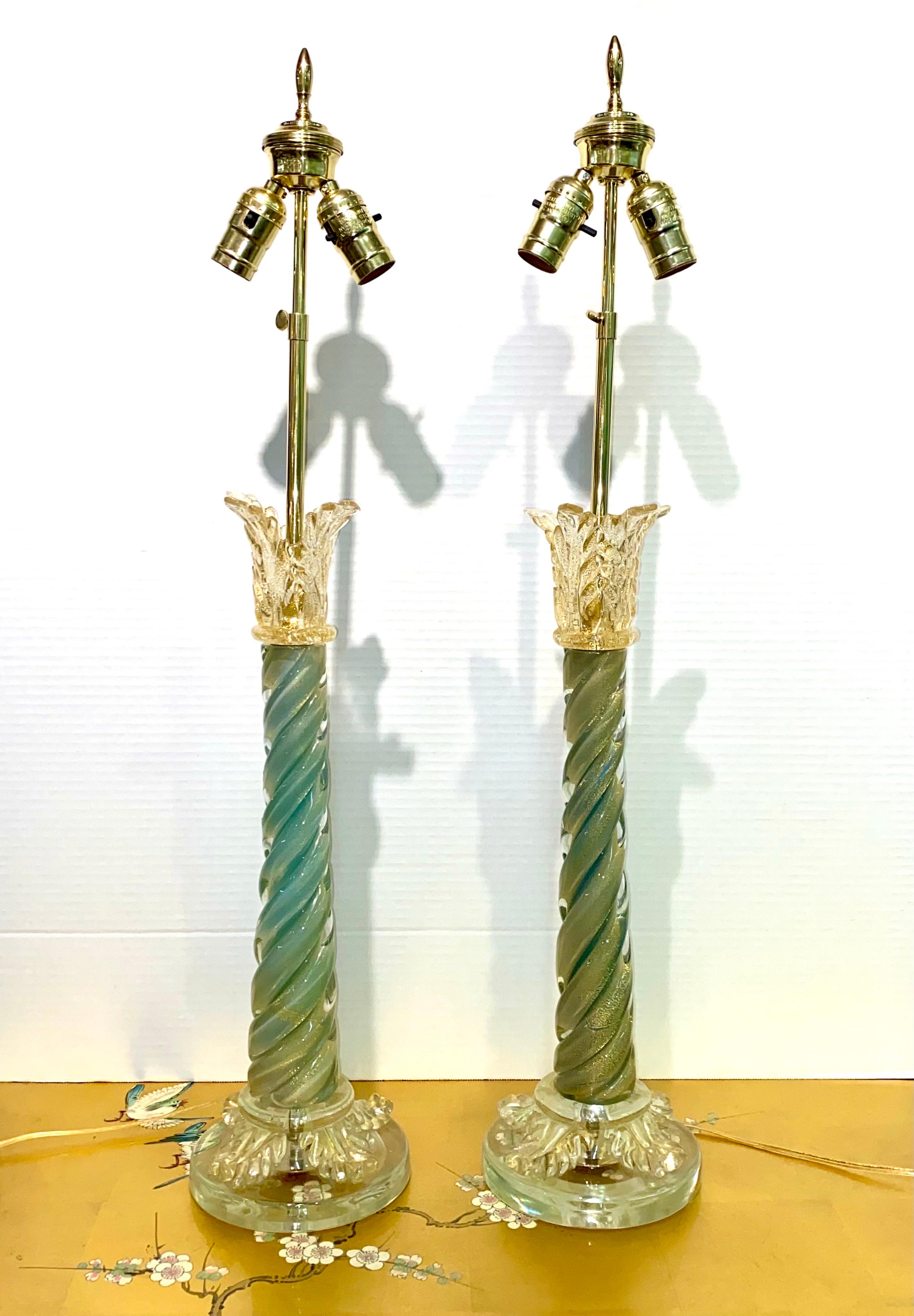 Hand-Crafted Pair of 1950s Classical Column Venetian Glass Table Lamps