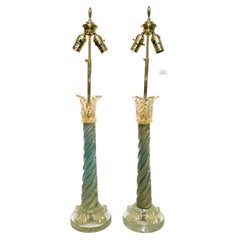 Pair of 1950s Classical Column Venetian Glass Table Lamps