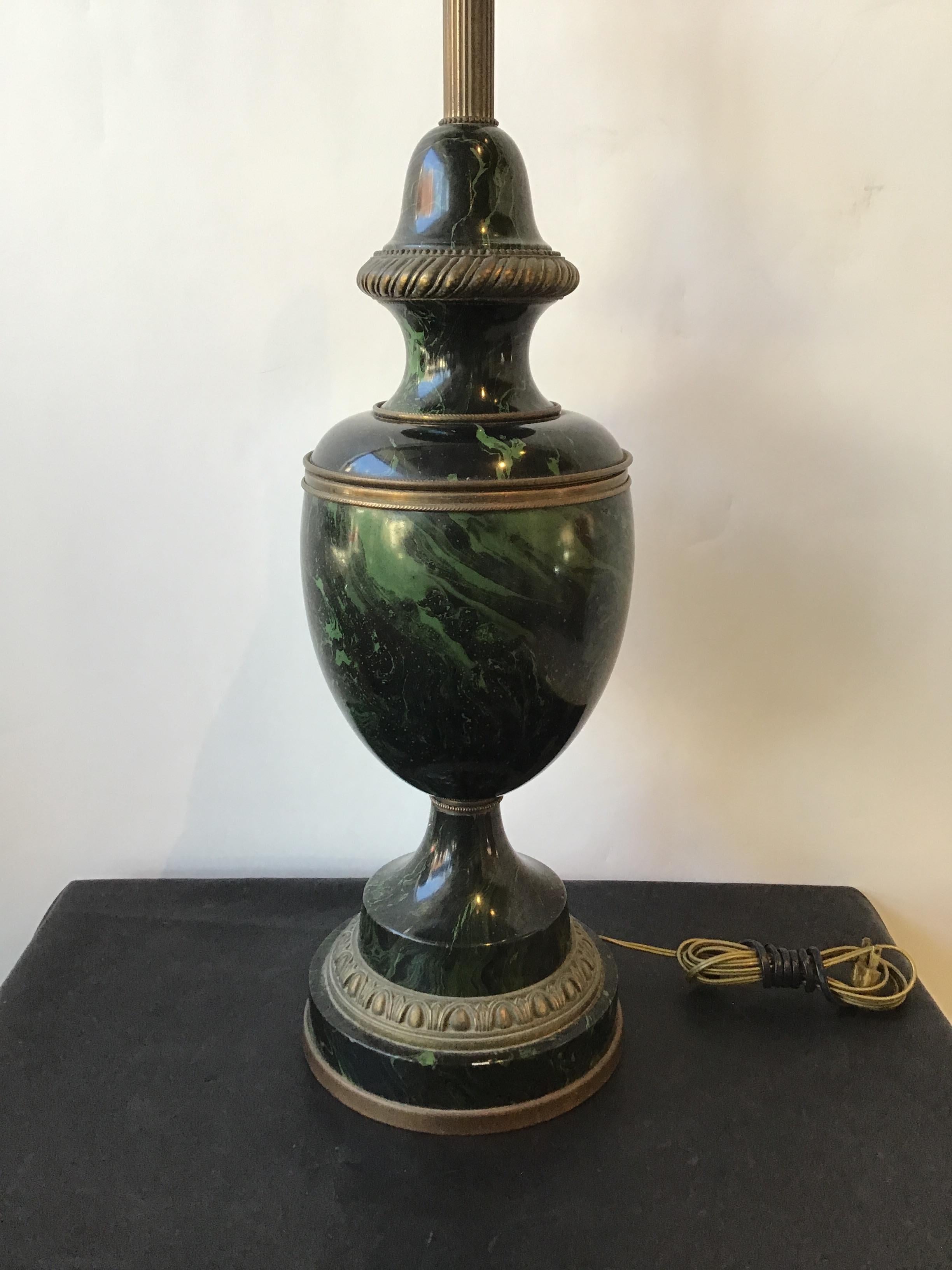 Mid-20th Century Pair of 1950s Classical Green Faux Marble Wood Lamps