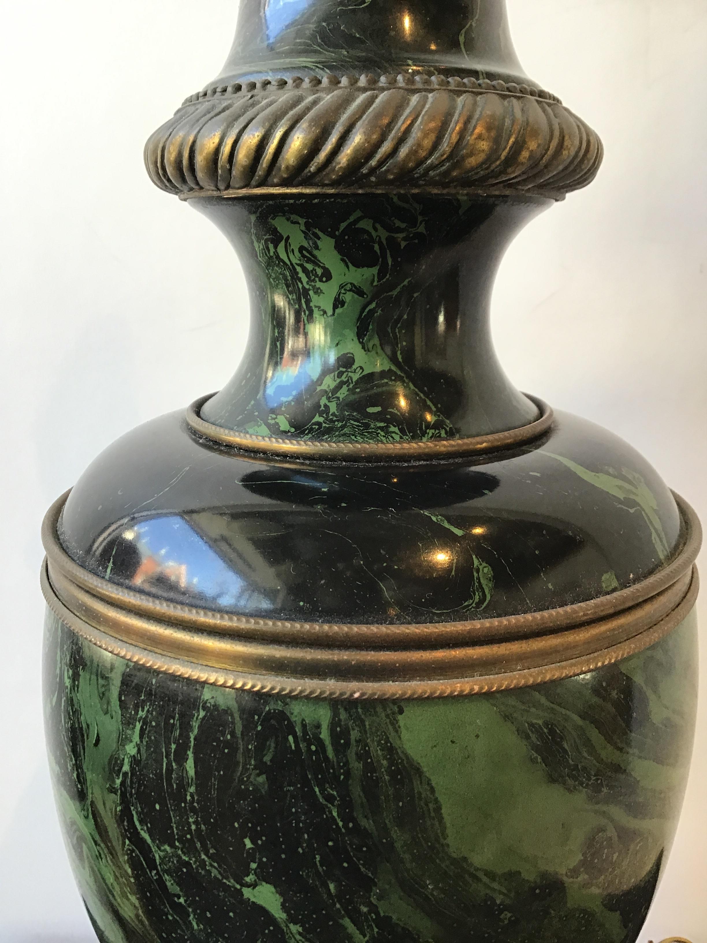 Pair of 1950s Classical Green Faux Marble Wood Lamps For Sale 2