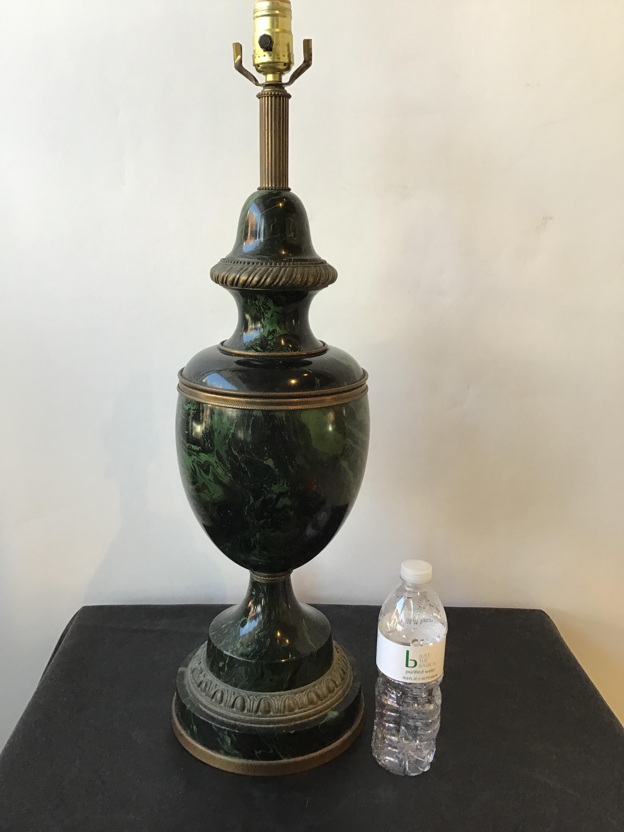 Pair of 1950s Classical Green Faux Marble Wood Lamps For Sale 5