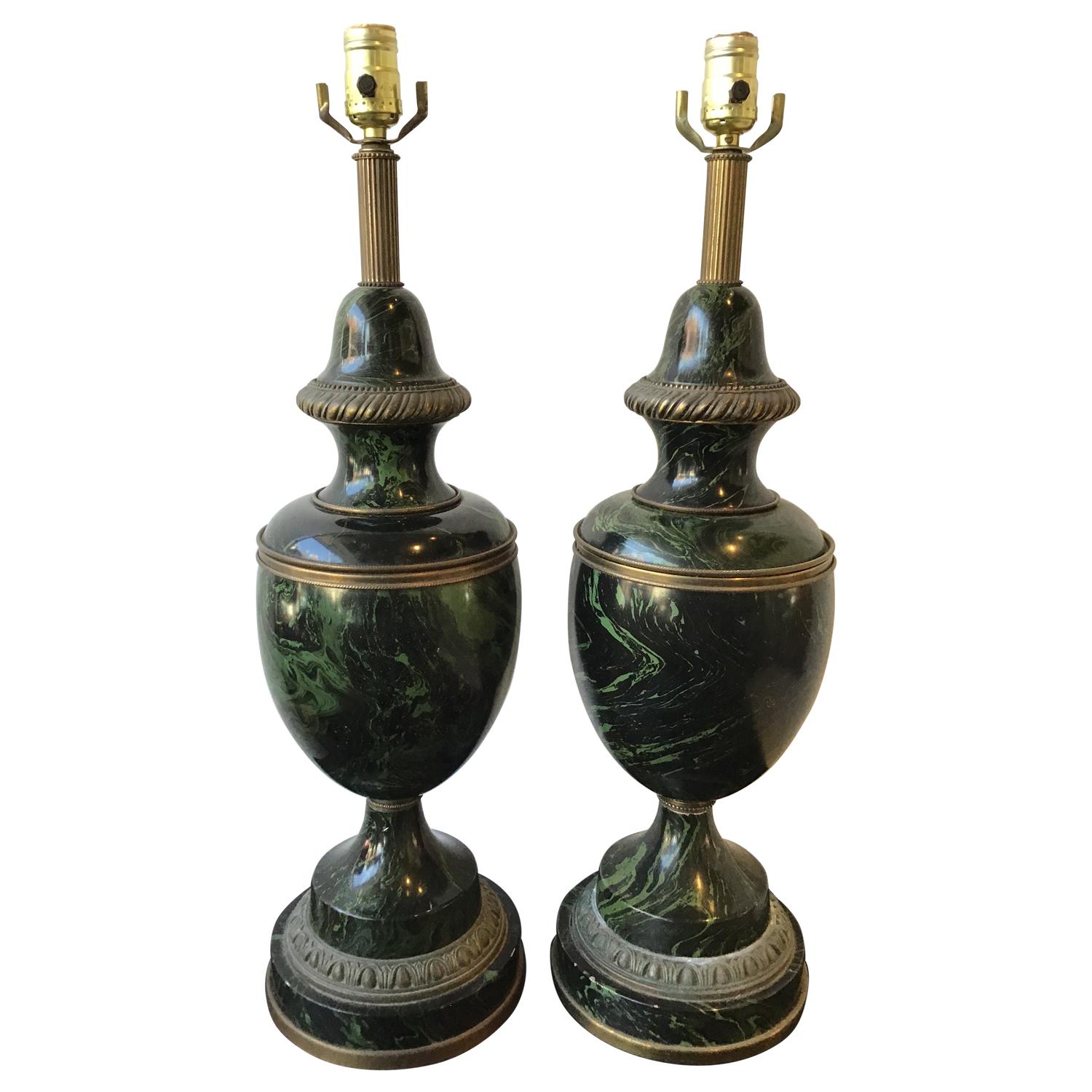 Pair of 1950s Classical Green Faux Marble Wood Lamps
