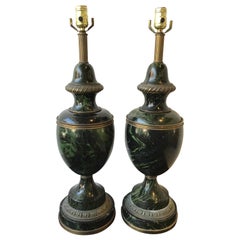 Vintage Pair of 1950s Classical Green Faux Marble Wood Lamps
