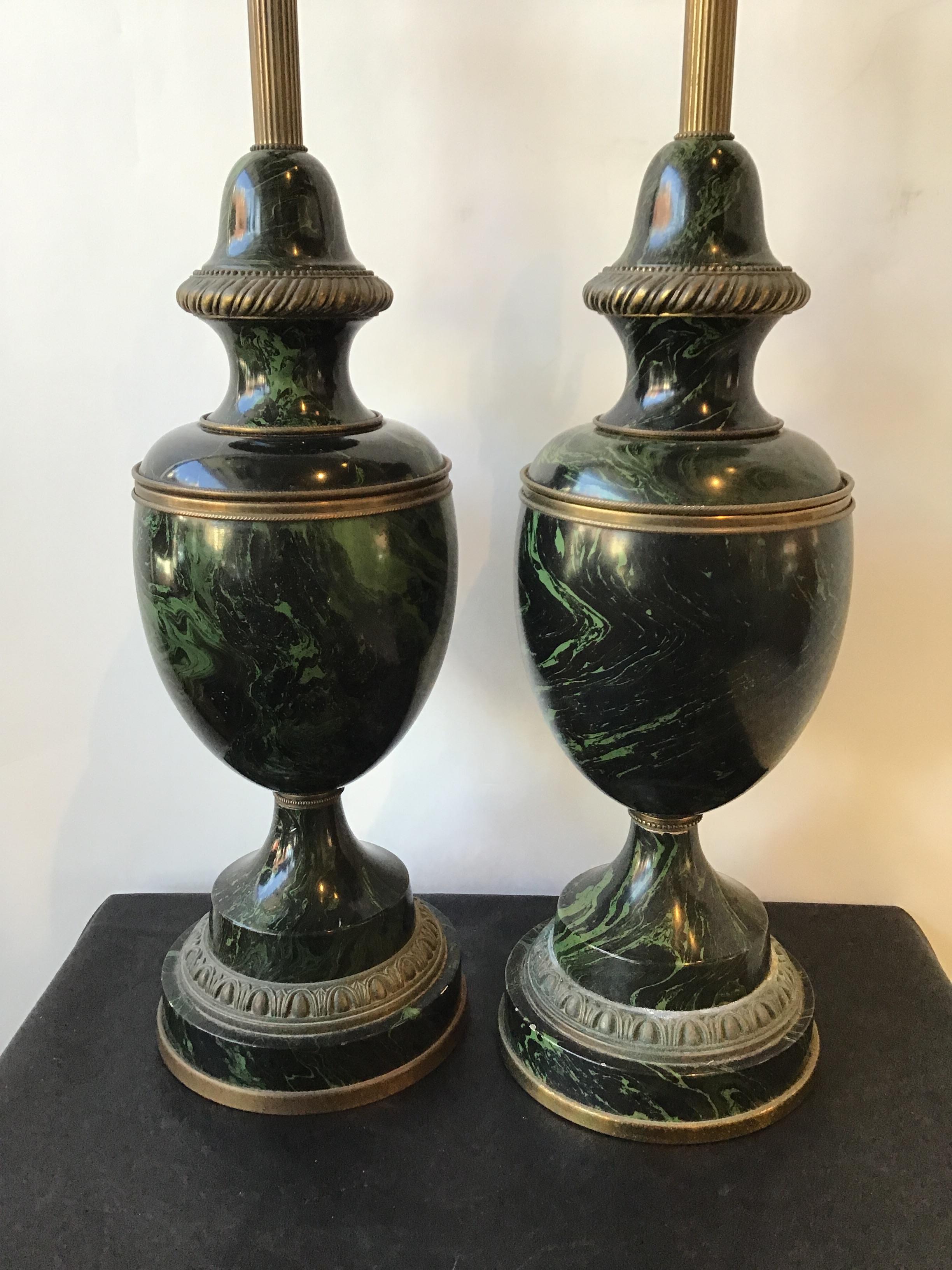 Pair of 1950s classical wood lamps with faux marble finish and brass accents.