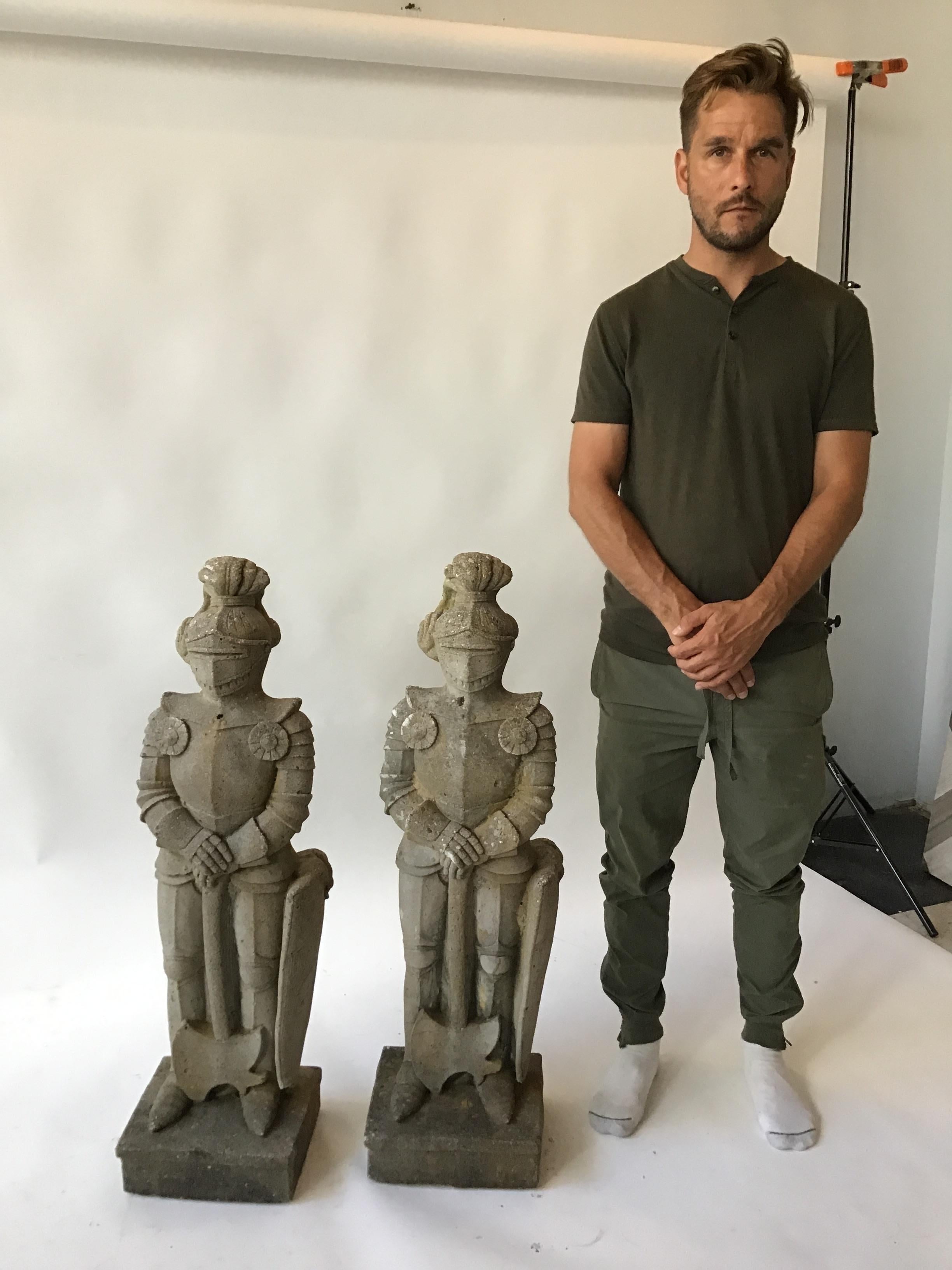 Pair of 1950s concrete knights. Rare, I’ve never seen concrete knights before. Out of an East Hampton, NY estate.