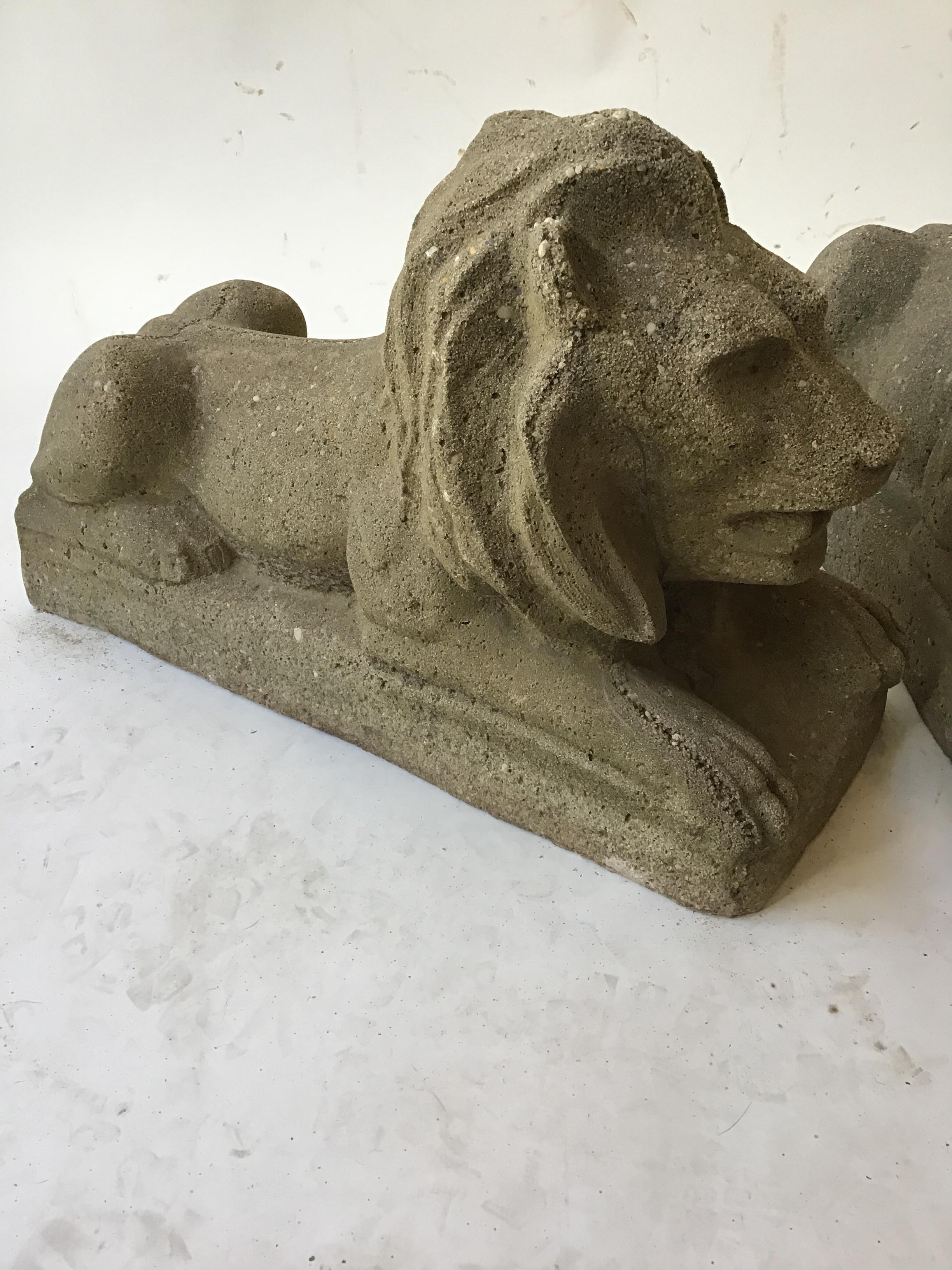Pair of 1950s concrete lions. 4 available. Purchased from an East Hampton, NY estate. All are in similar condition. If you’d like, you can choose which 2 to purchase, if not buying all 4.