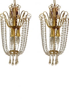Pair of 1950s Crystal Bead & Prism Chandeliers