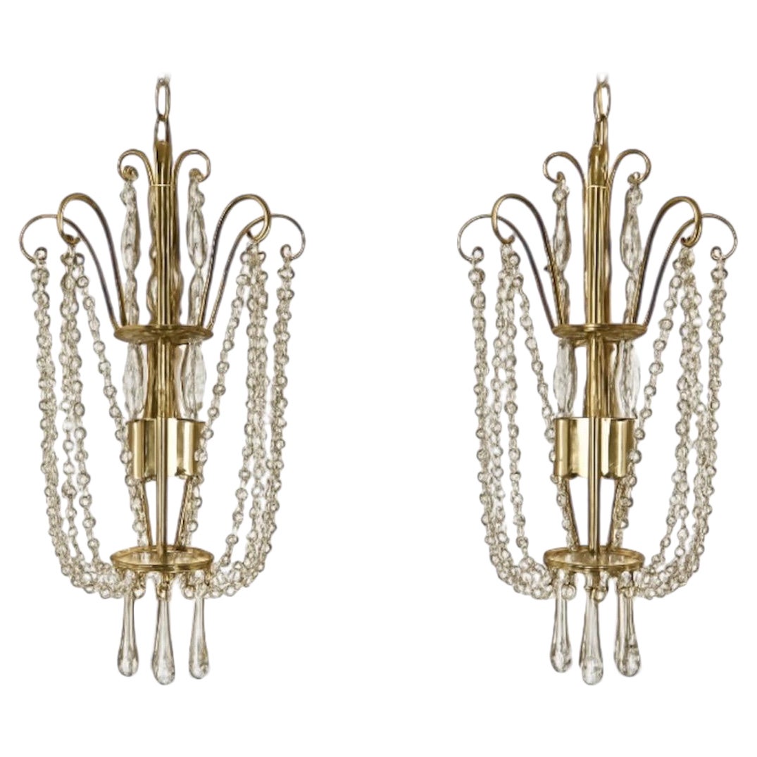 Pair of 1950s Crystal Bead 
Prism Chandeliers