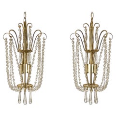 Pair of 1950s Crystal Bead 
Prism Chandeliers