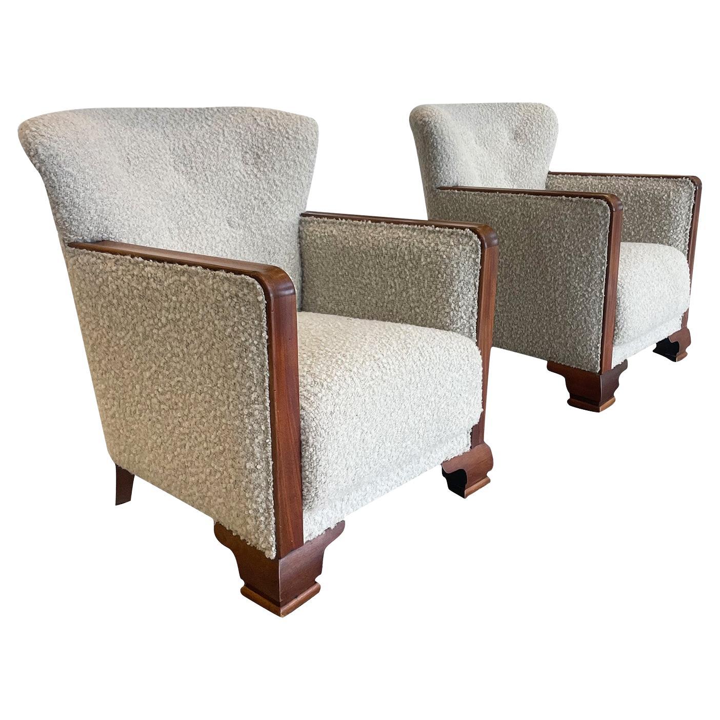Pair of 1950s Danish Art Deco Club Chairs After Fritz Hansen in Oyster Bouclé For Sale