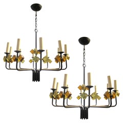 Pair of 1950s Danish Iron & Coloured Glass Chandeliers by Svend Aage Holm Soren
