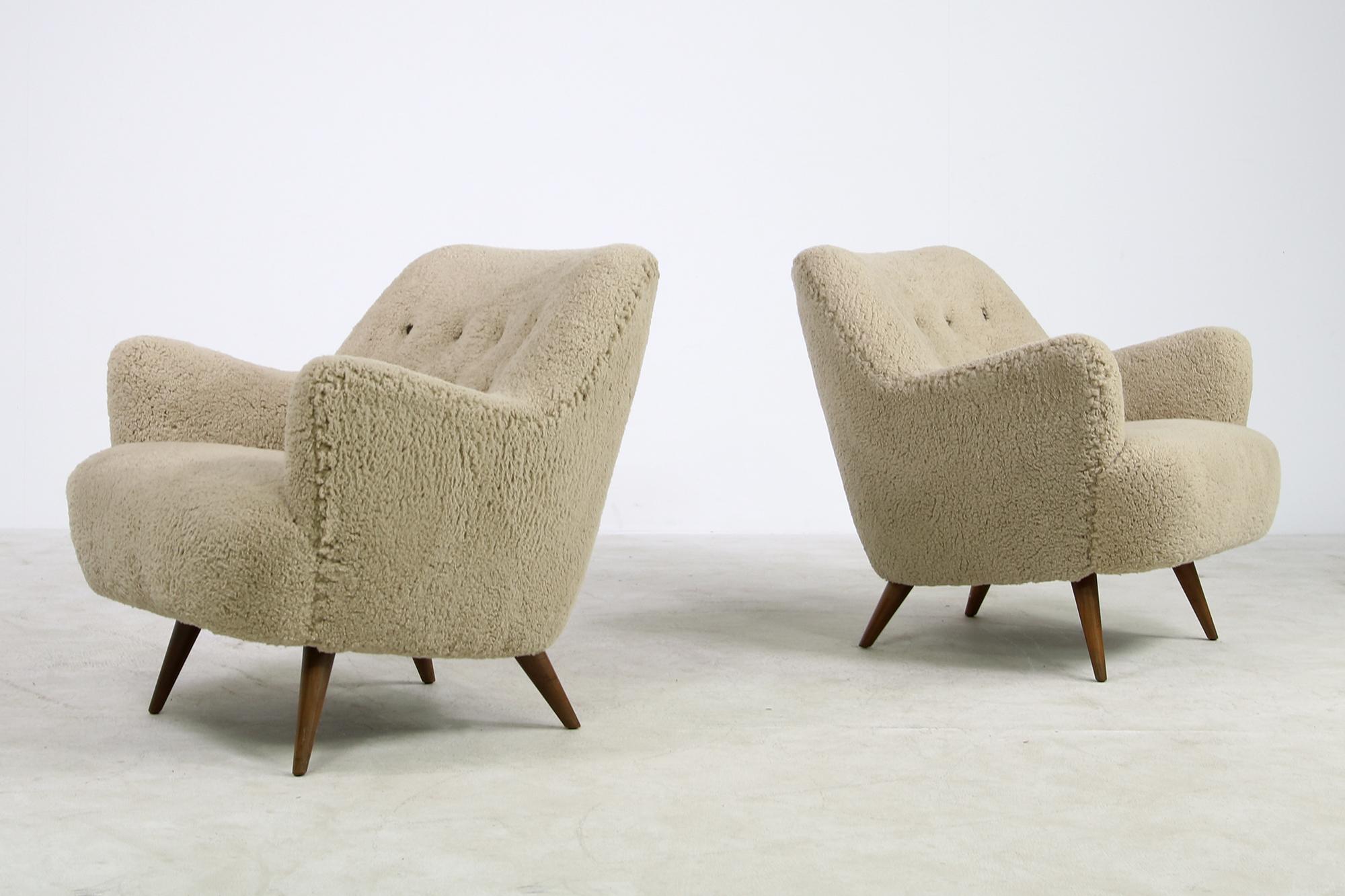 Pair of 1950s Danish Modern Organic Lounge Chairs Faux Sheepskin, Denmark 1