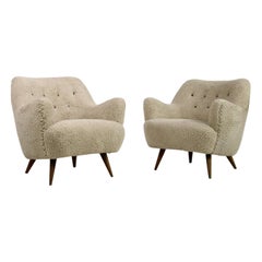 Pair of 1950s Danish Modern Organic Lounge Chairs Faux Sheepskin, Denmark