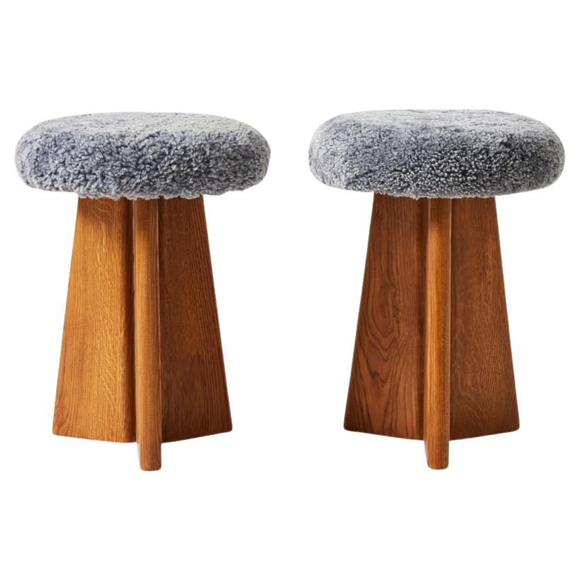 Pair of 1950s Danish Solid Oak and Sheepskin Stools
