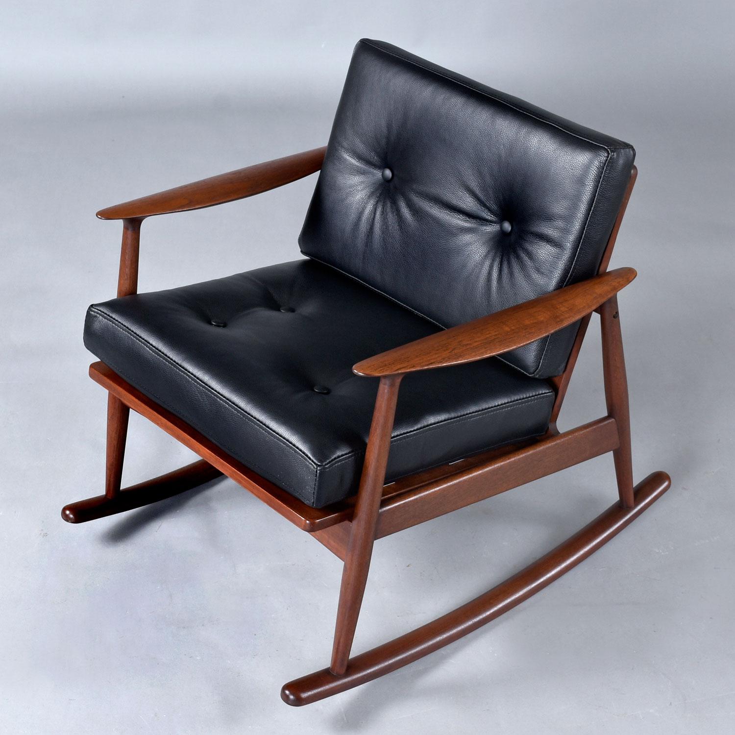 Pair of 1950's Danish Teak Rocking Chairs in Black Leather by Moreddi In Good Condition For Sale In Chattanooga, TN