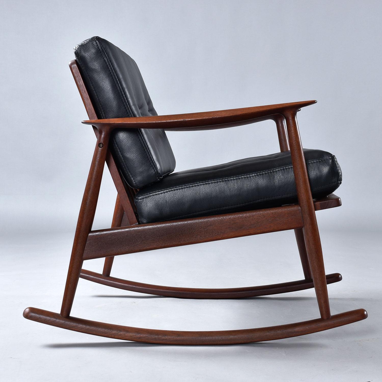 Pair of 1950's Danish Teak Rocking Chairs in Black Leather by Moreddi For Sale 2