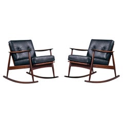 Pair of 1950's Danish Teak Rocking Chairs in Black Leather by Moreddi