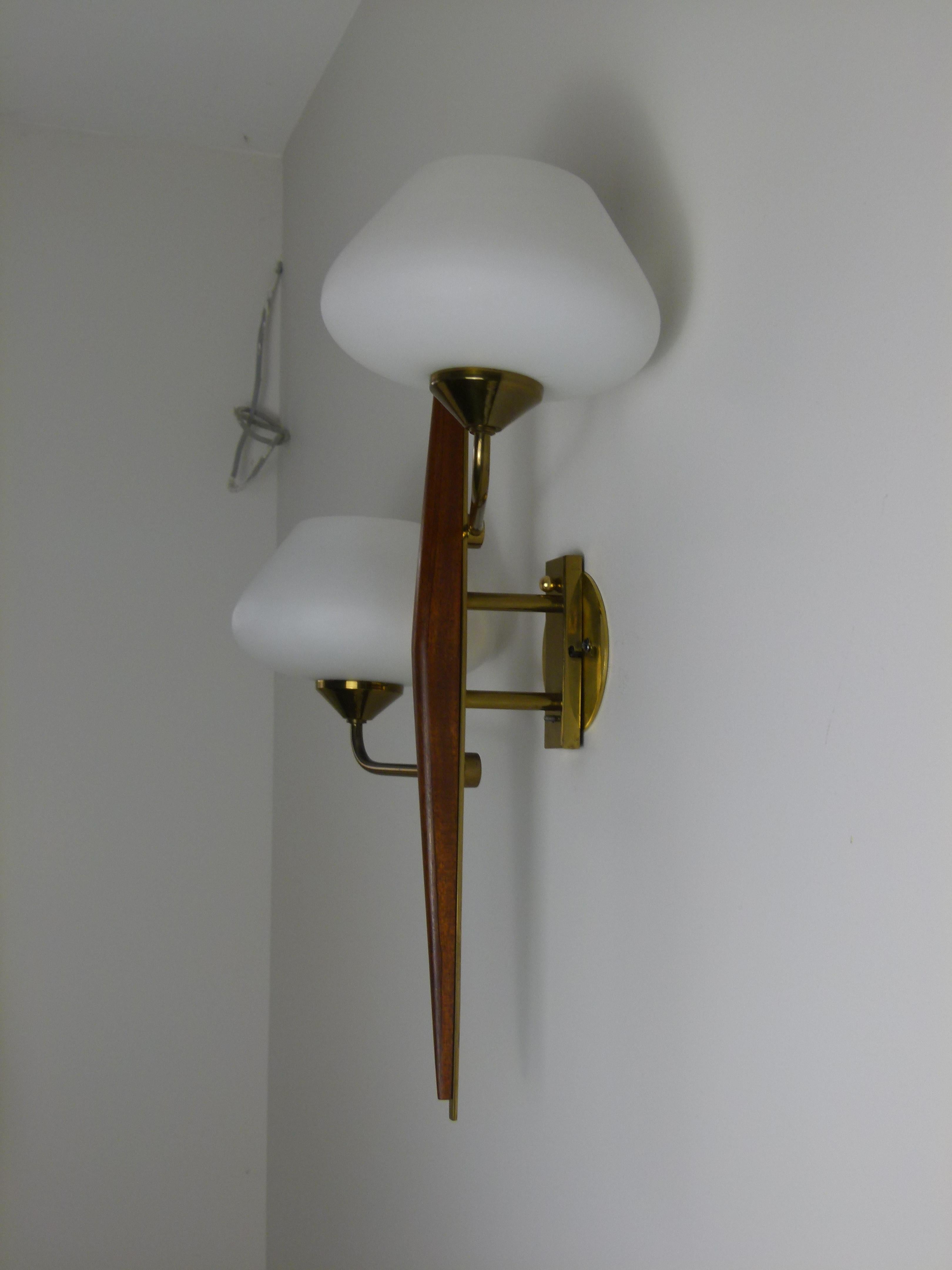 Pair of 1950s Double Sconces in Opalin Glass by Maison Lunel 3