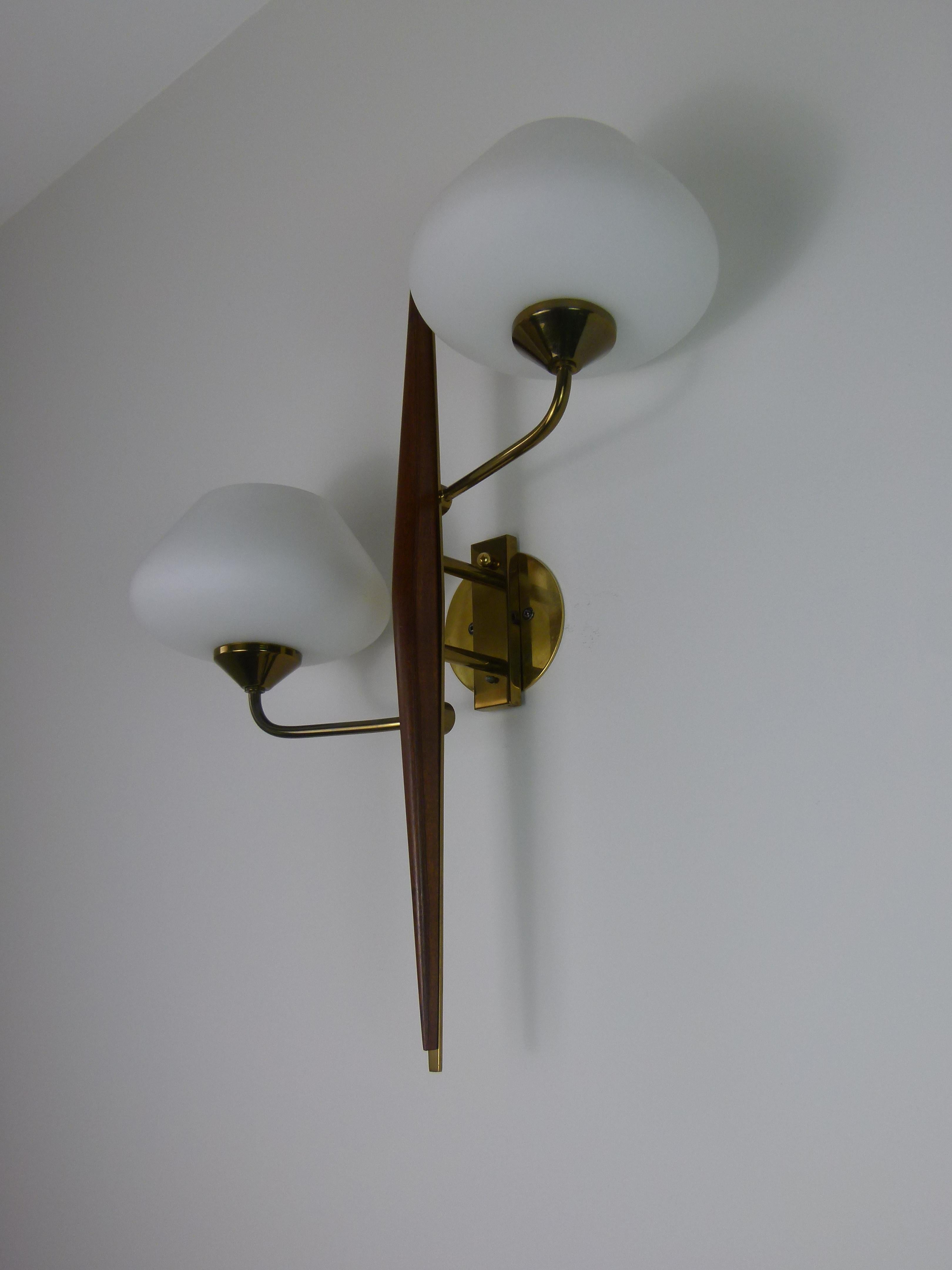 Pair of 1950s Double Sconces in Opalin Glass by Maison Lunel 4