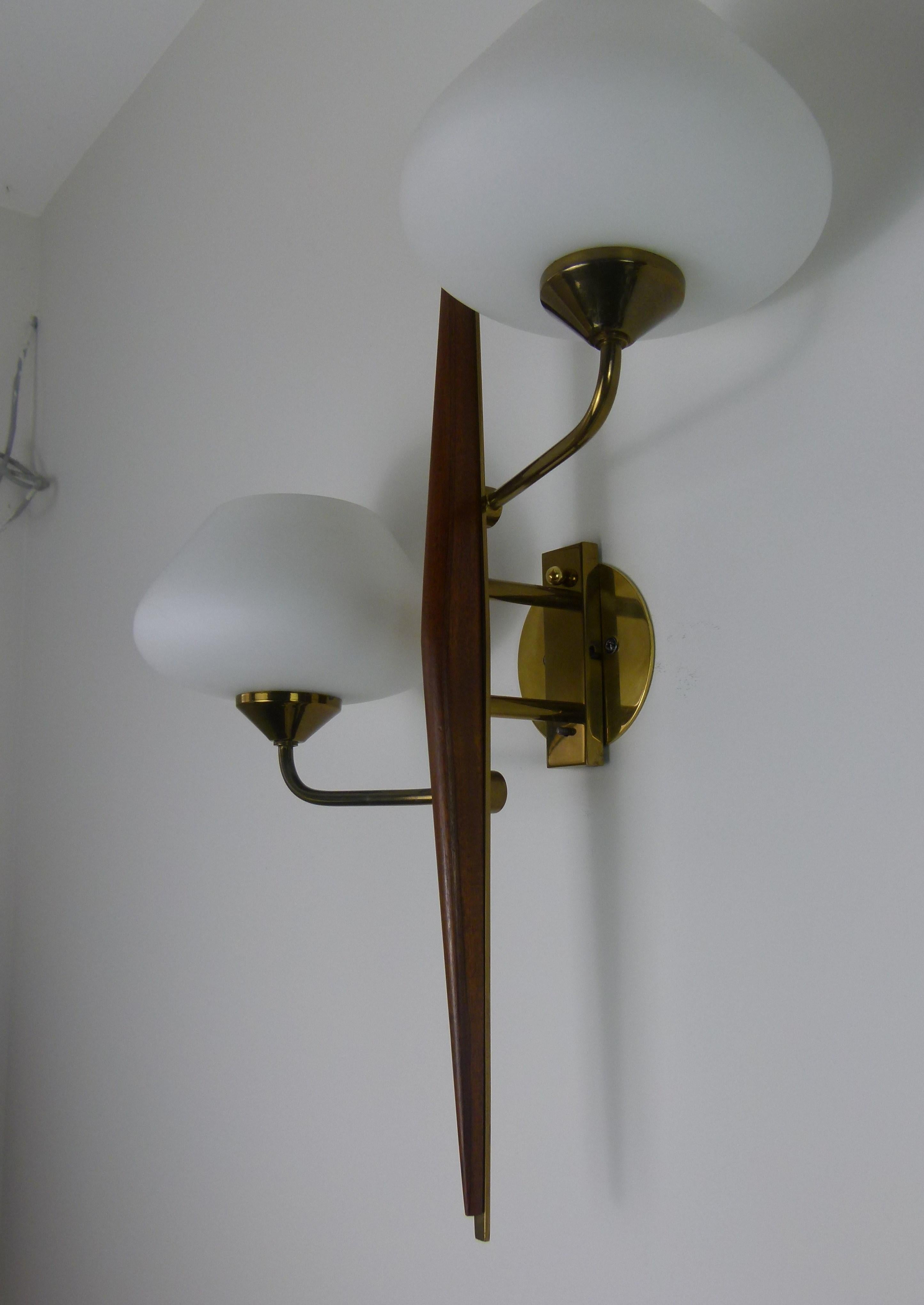 Pair of 1950s Double Sconces in Opalin Glass by Maison Lunel 5