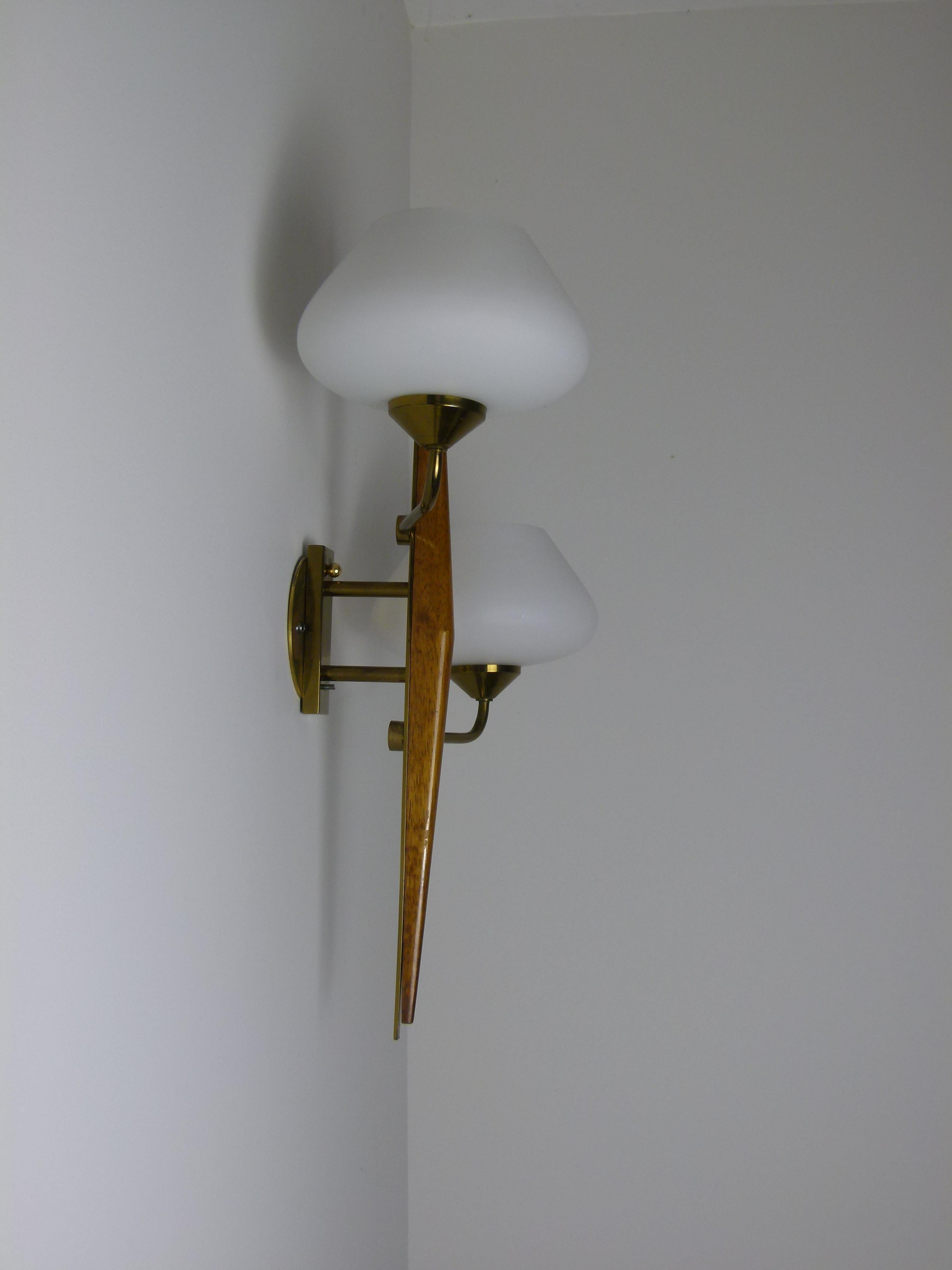 Pair of 1950s Double Sconces in Opalin Glass by Maison Lunel 6