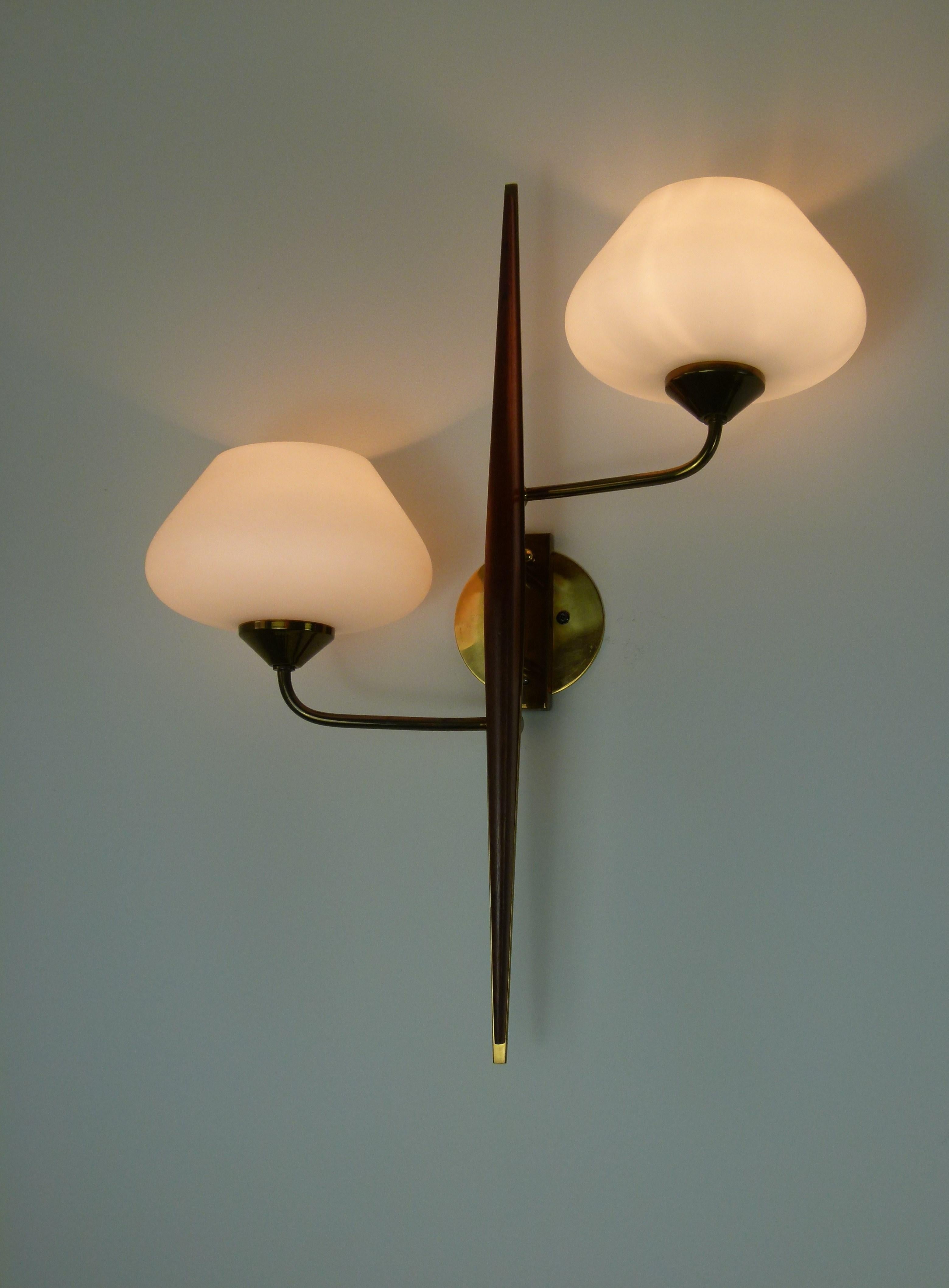 Pair of 1950s Double Sconces in Opalin Glass by Maison Lunel 7