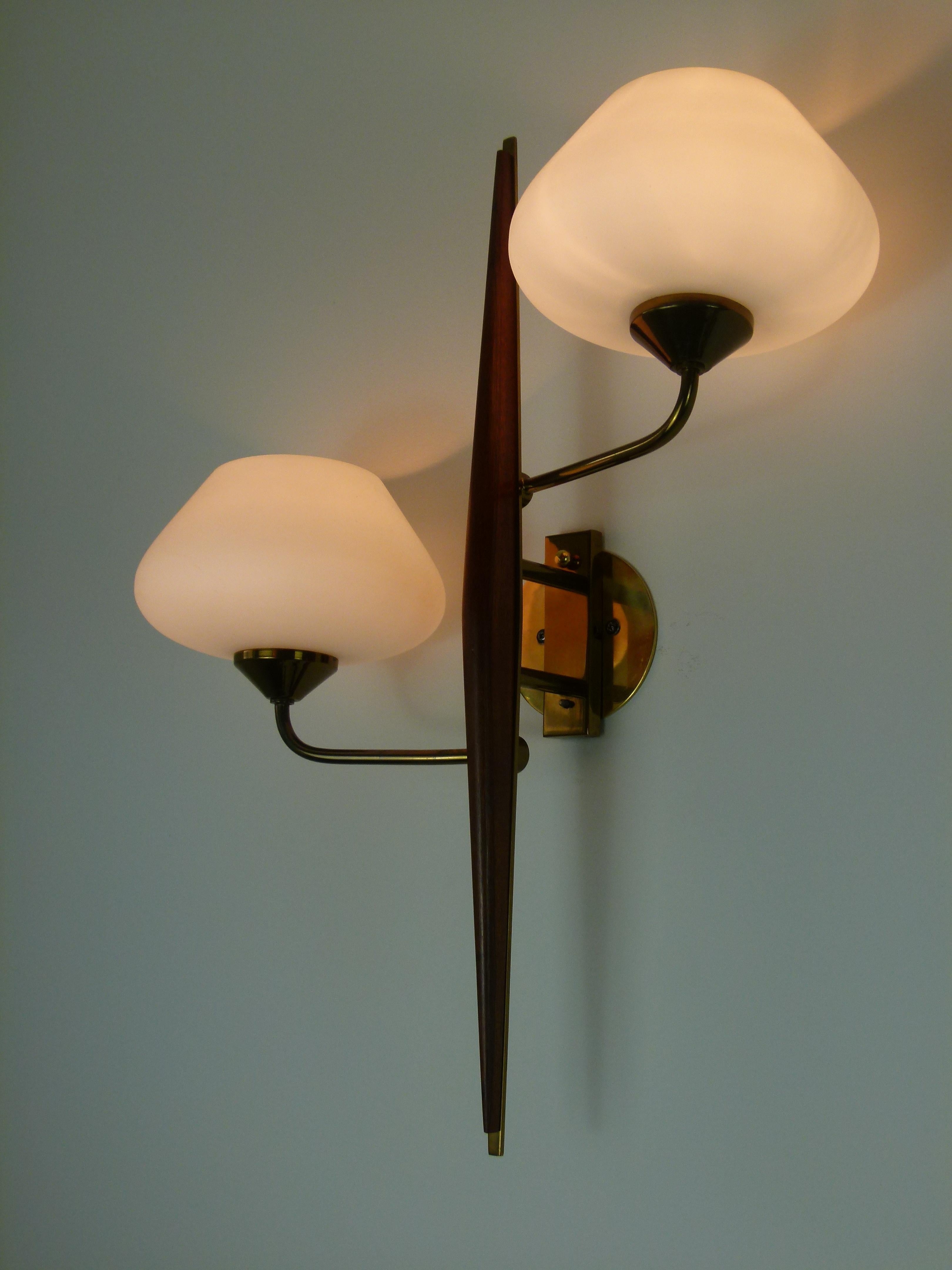 Pair of 1950s Double Sconces in Opalin Glass by Maison Lunel 8