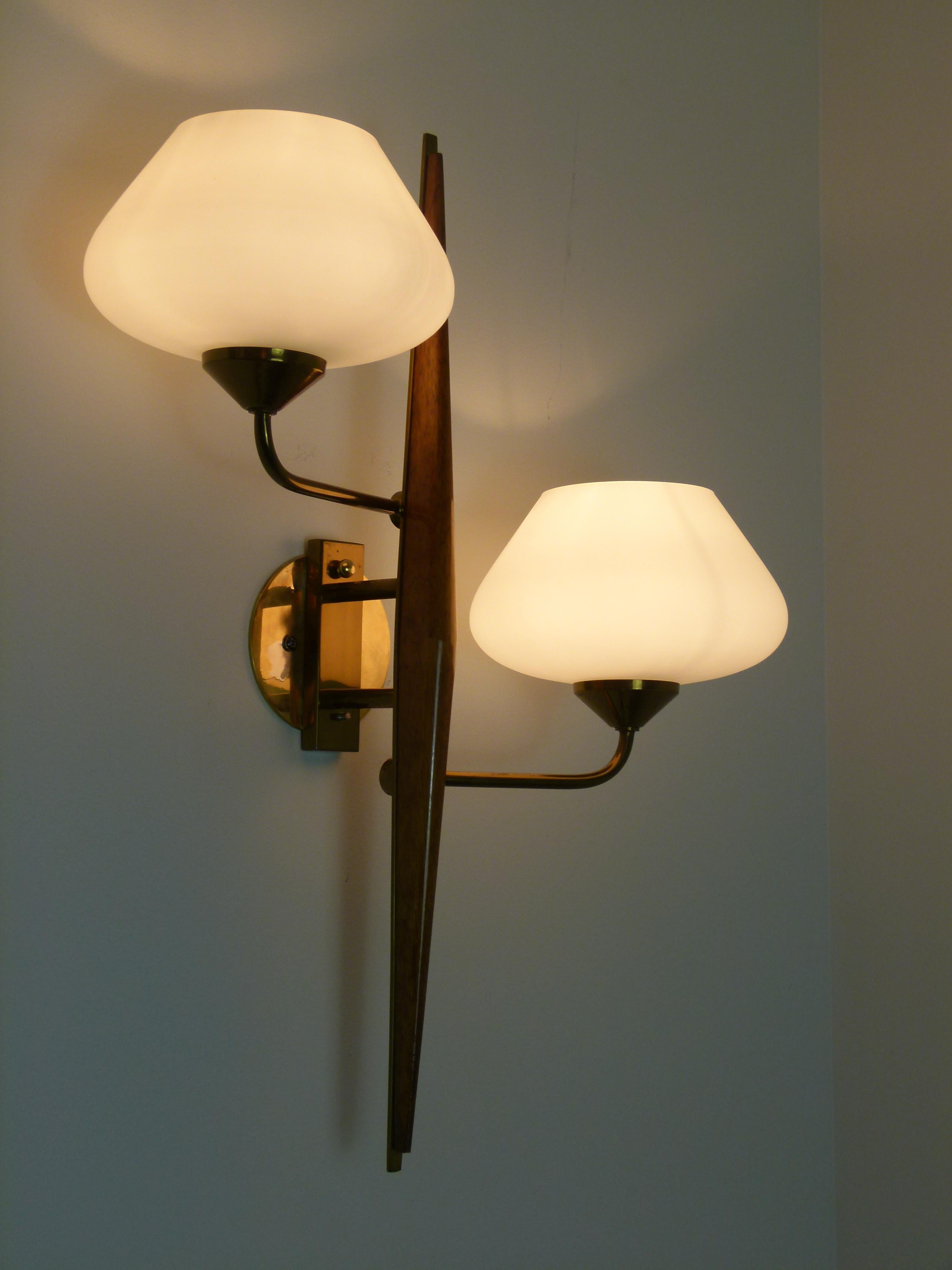 Pair of 1950s Double Sconces in Opalin Glass by Maison Lunel 9
