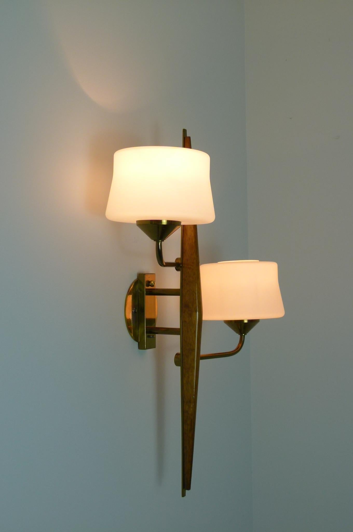 Mid-Century Modern Pair of 1950s Double Sconces in Opalin Glass by Maison Lunel